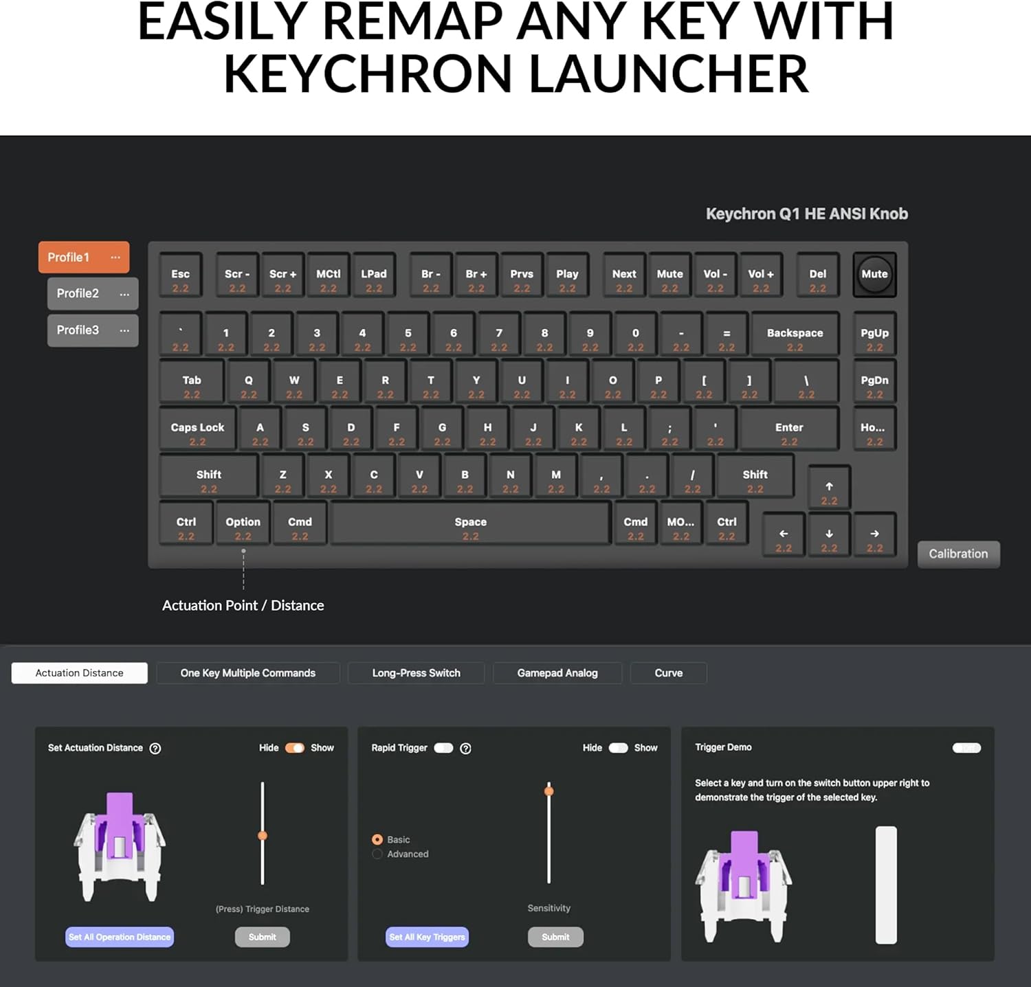 Easily Remap Any Key with Keychron Launcher

Keychron Q1 ANSI Knob Profile 1 Profile 2 Esc 2.2 Ser 2.2 Ser 2.2 MCt 2.2 LPad 2.2 Br 2.2 Br 2.2 Prvs 2.2 Play 2.2 Next 2.2 Mute 2.2 Vol 2.2 Vol 2.2 Del 2.2 Mute

Profile 3
2.2 2.2 2.2 2.2 2.2 2.2 2.2 2.2 2.2 2.2 2.2 2.2 2.2 Backspace 2.2 PgUp 2.2 Tab 2.2 Q 2.2 W 2.2 R 2.2 U 2.2 o 2.2 2.2 2.2 2.2 2.2 PgDn 2.2 Caps Lock 2.2 A 2.2 S 2.2 2.2 2.2 G 2.2 2.2 2.2 K 2.2 2.2 2.2 2.2 Enter 2.2 o... 2.2 Shift 2.2 Z 2.2 x 2.2 C 2.2 V 2.2 2.2 N 2.2 M 2.2 2.2 2.2 2.2 2.2 Shift 2.2 2.2 2.2 Ctrl 2.2 Option 2.2 Cmd 2.2 Space 2.2 Cmd 2.2 MO... 2.2 Ctri 2.2 2.2 2.2 2.2 2.2 Calibration Actuation Point / Distance Actualion Distance One Key Multiple Commands Long-Press Switch Gamepad Analog Curve Set Actualion Distance Hide Show Rapid Trigger Hide Show Trigger Demo Select key and tur the switeh buttom upper right demonstrate the trigger ot the selected key Basic Advanced (Pressi Trigger Distance Sensitivity Sert Operation Distanc