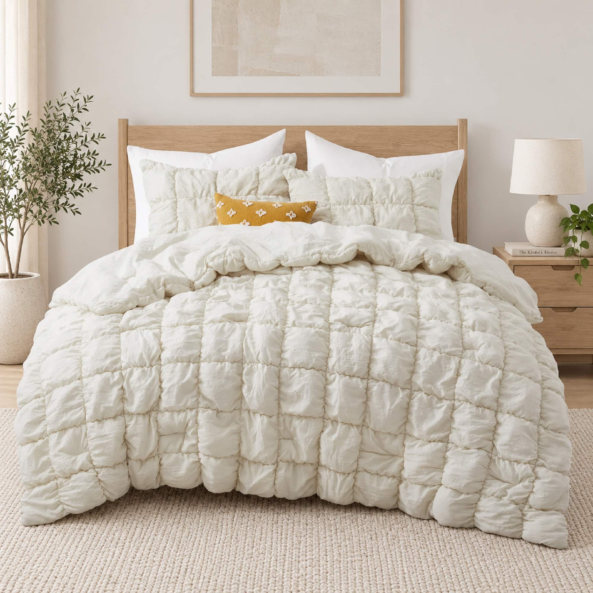 Peace Nest - Modern All Season Puff Comforter Set with Pillowcases, Full/Queen - Cream