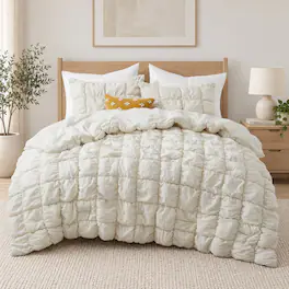 Peace Nest - Modern All Season Puff Comforter Set with Pillowcases, Full/Queen - Cream