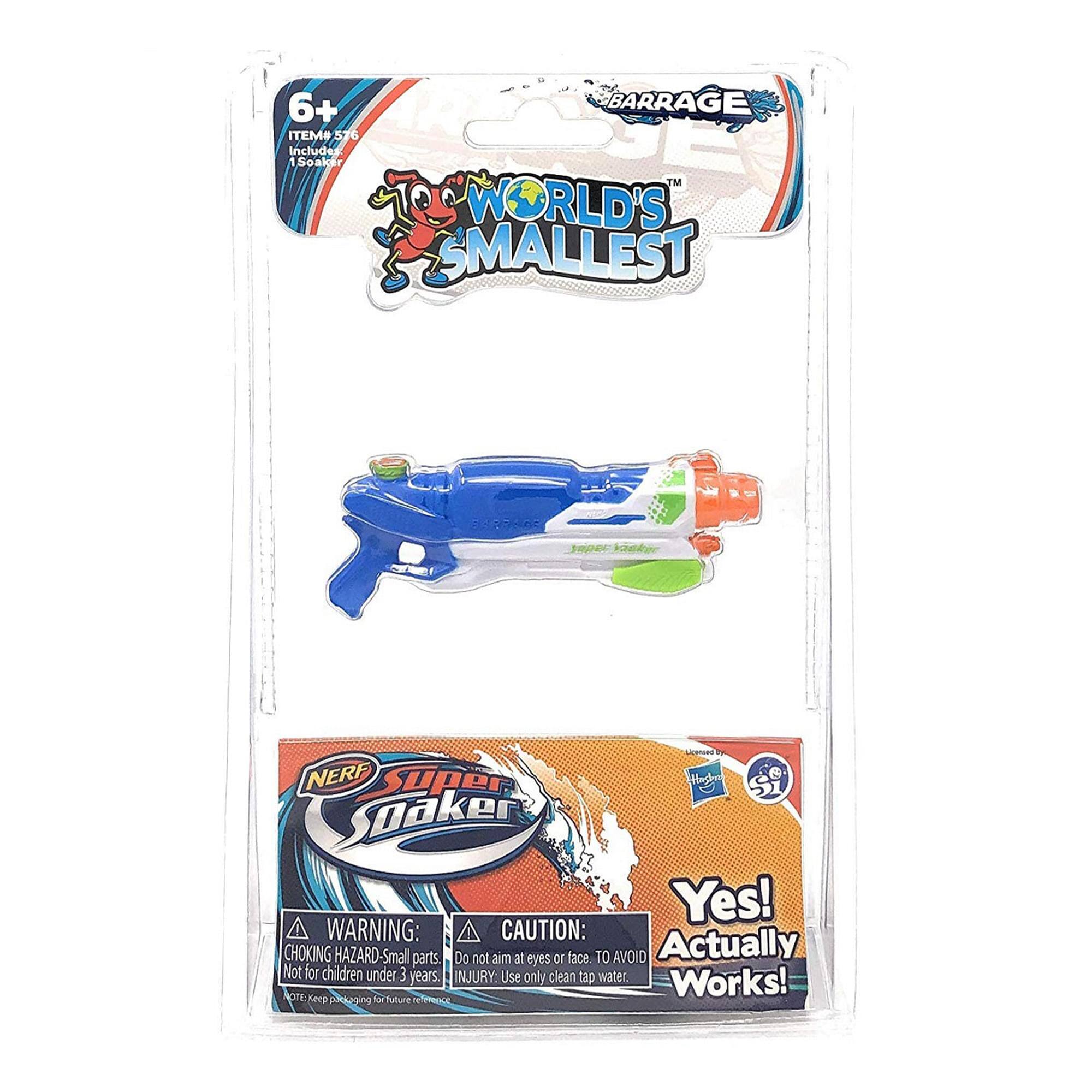 6+ BARRAGE ITEM 576 Includes 1 Soaker  
WORLD'S SMALLEST  
NERF Super Soaker  
Yes! Actually Works!  

WARNING: CHOKING HAZARD Small parts. Not for children under 3 years.  
CAUTION: Do not aim at eyes or face. TO AVOID INJURY. Use only clean tap water.