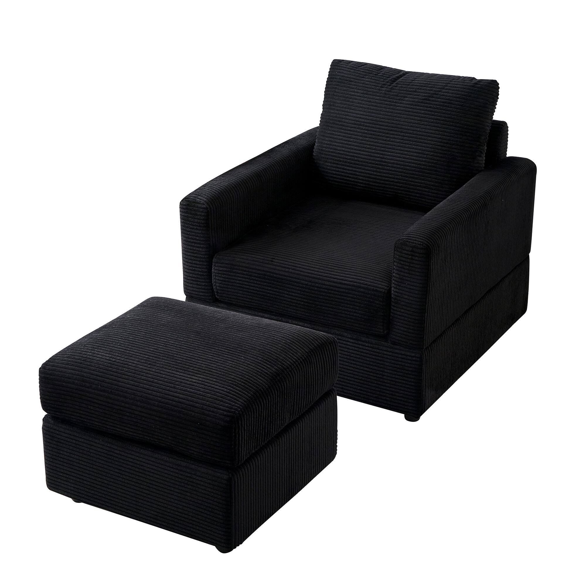 Back. APRILSOUL - Classic Corduroy Chaise Lounge Comfy Sofa Chaise Couch Chair Upholstered Accent Chair with Ottoman for Living Room Black - Black.
