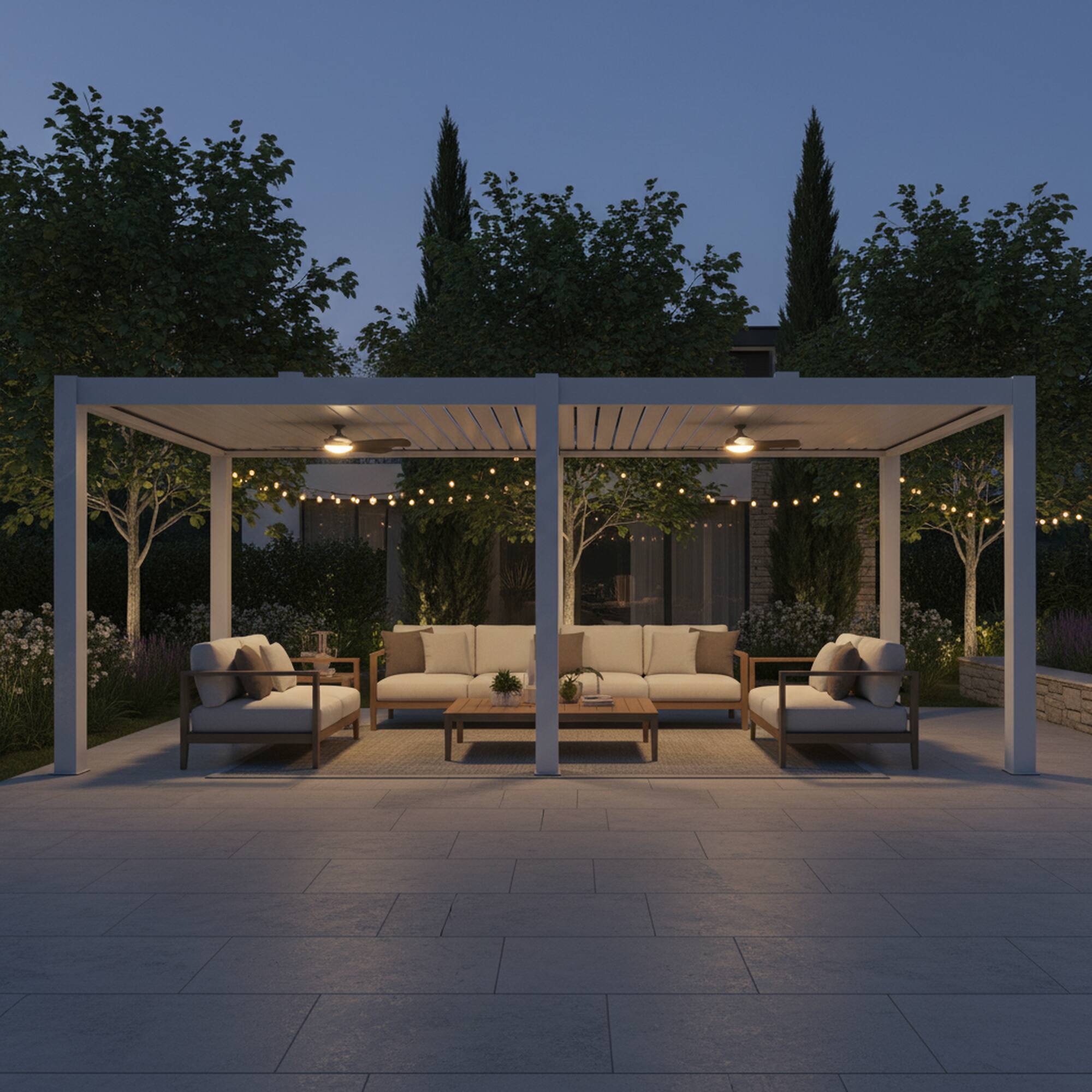 Left. Mondawe - 10ft x 24ft Solar-Powered Aluminum Pergola with Adjustable Louvers and Hidden Drainage System - White.
