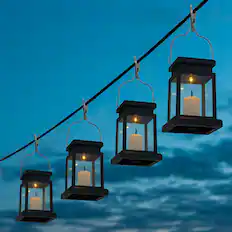 Front. Oumilen - 4 Pack Solar Vintage Hanging Candle Lantern Lights with Clip – IP65 Steady Warm LED for Tree Garden.