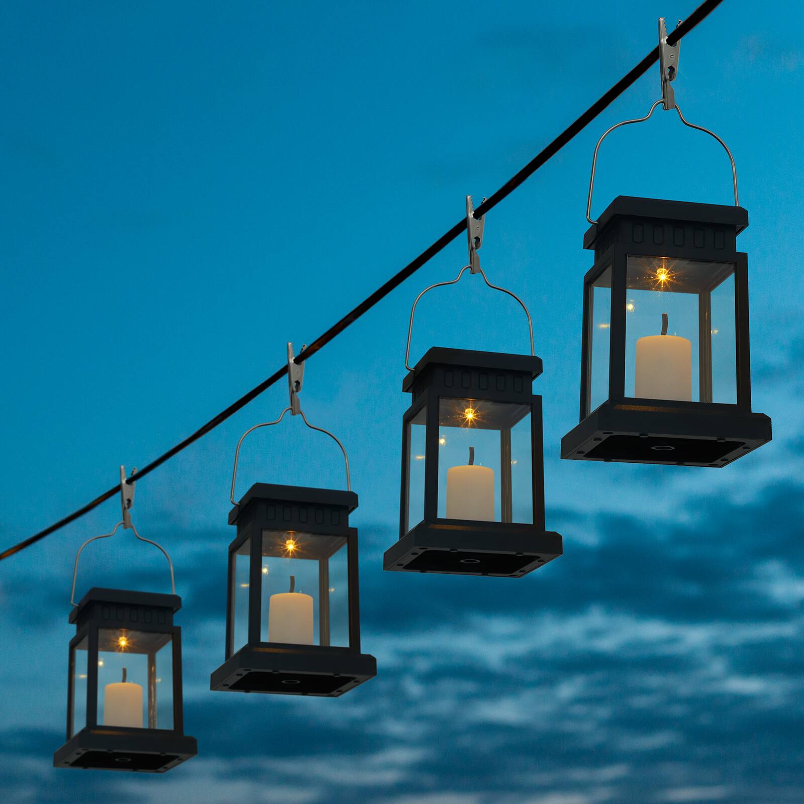 Front. Oumilen - 4 Pack Solar Vintage Hanging Candle Lantern Lights with Clip – IP65 Steady Warm LED for Tree Garden.