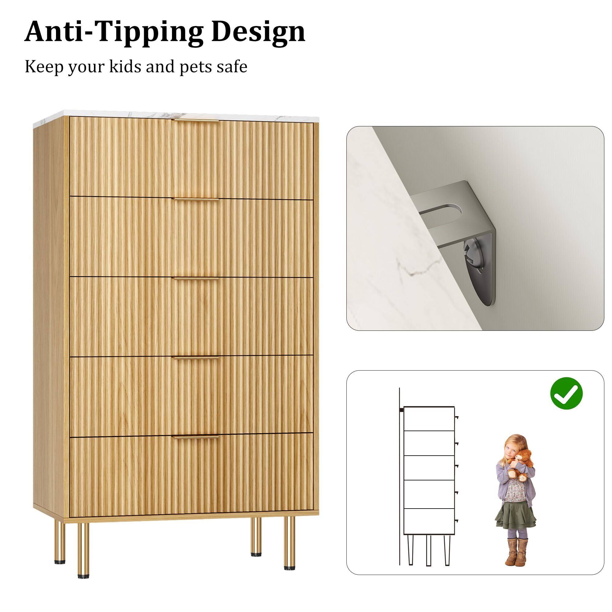 Alt View 6. Acekool - 5 Drawers Dresser for Bedroom, Fluted Dresser Chest of Drawers with Handle, Wood Modern Dressers for Closet - Yellow.