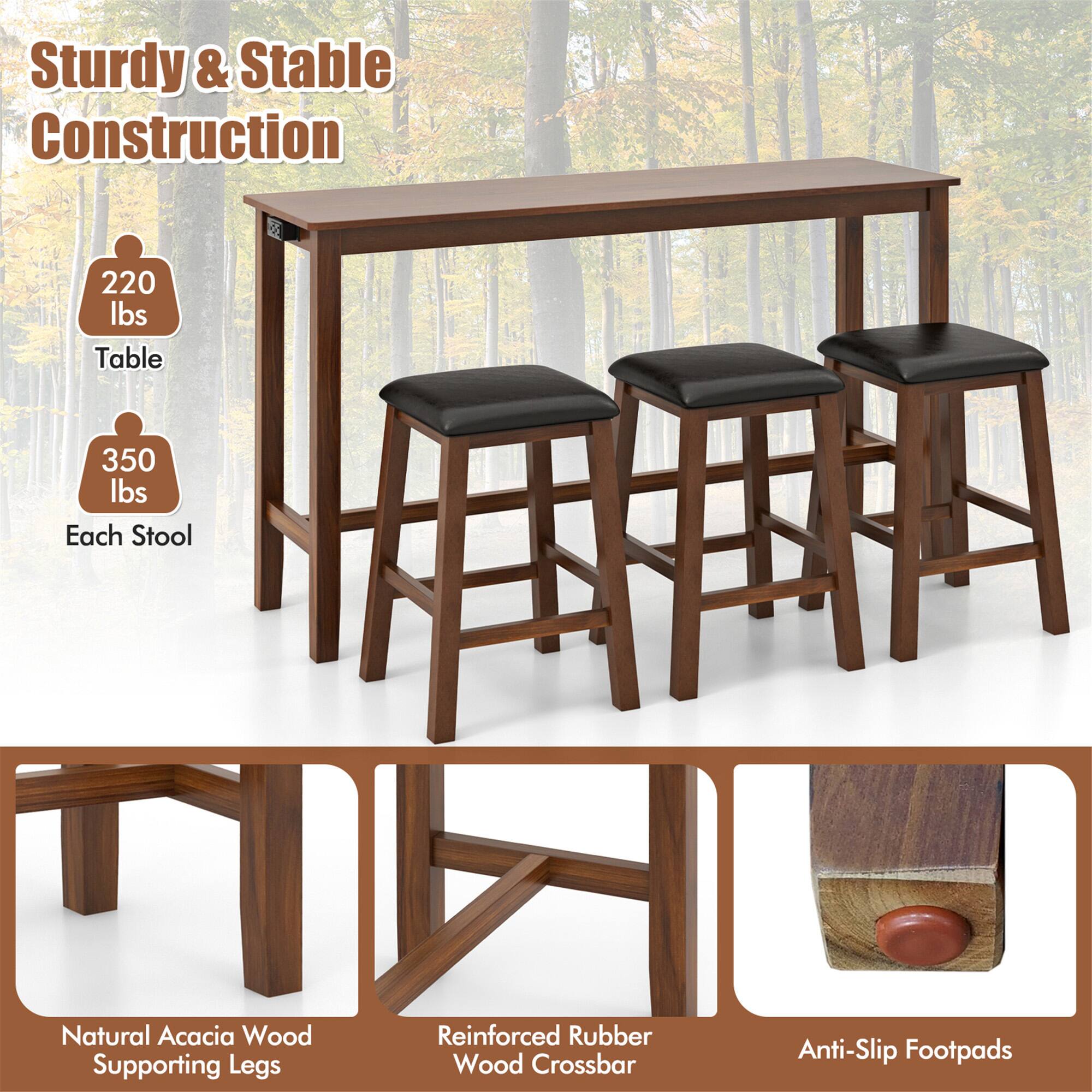 Sturdy & Stable Construction  
- Table: 220 lbs  
- Each Stool: 350 lbs  

Natural Acacia Wood Supporting Legs  
Reinforced Rubber Wood Crossbar  
Anti-Slip Footpads