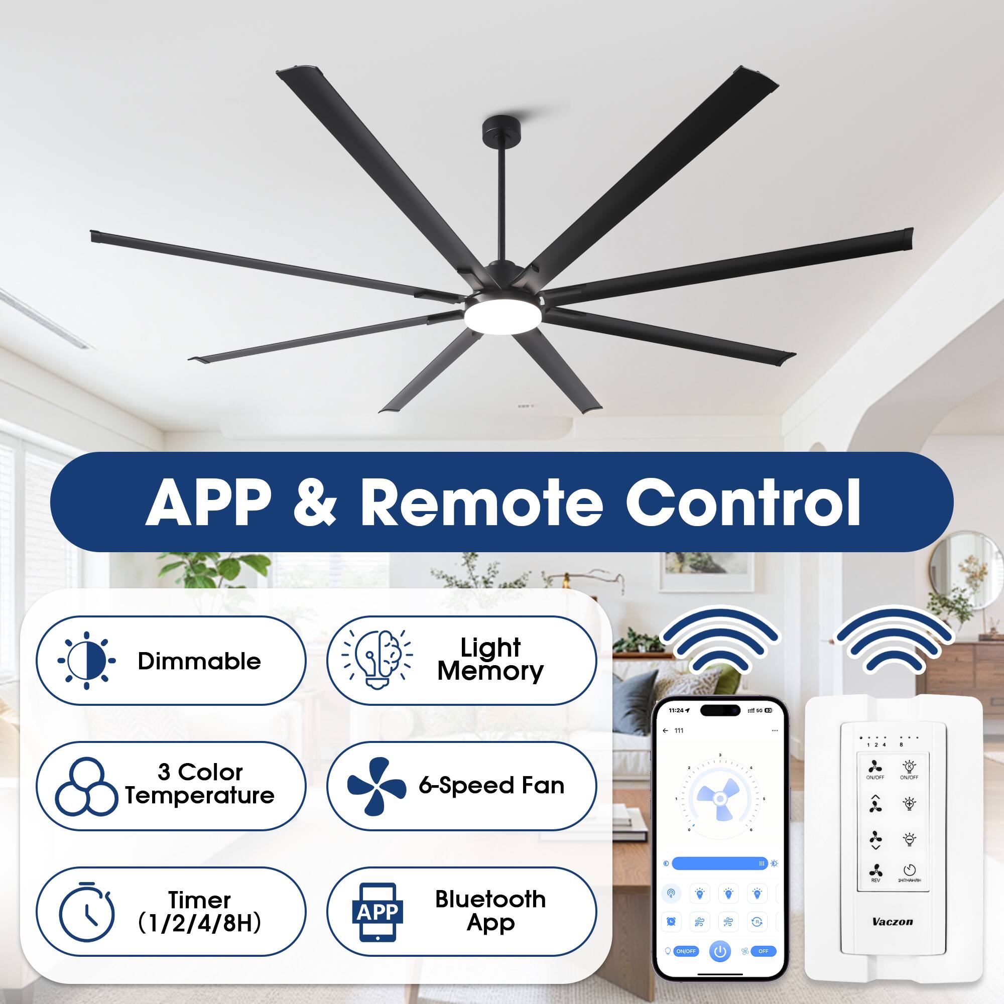 APP & Remote Control Dimmable Light Memory  
- 3 Color Temperature  
- 6-Speed Fan  
- Timer (1/2/4/8H)  
- Bluetooth APP  
Vaczon