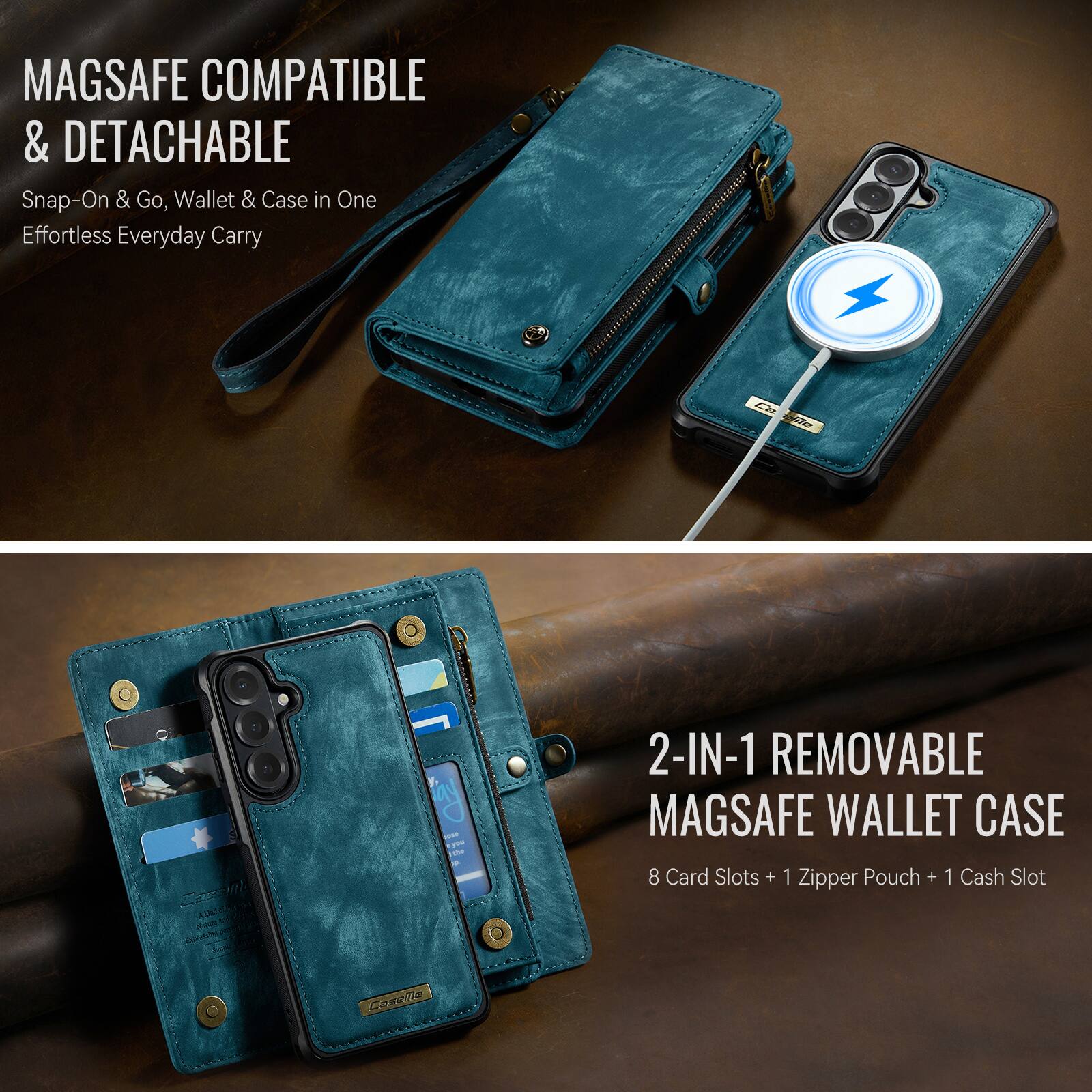 MAGSAFE COMPATIBLE & DETACHABLE  
Snap-On & Go, Wallet & Case in One  
Effortless Everyday Carry  

2-IN-1 REMOVABLE MAGSAFE WALLET CASE  
8 Card Slots + 1 Zipper Pouch + 1 Cash Slot