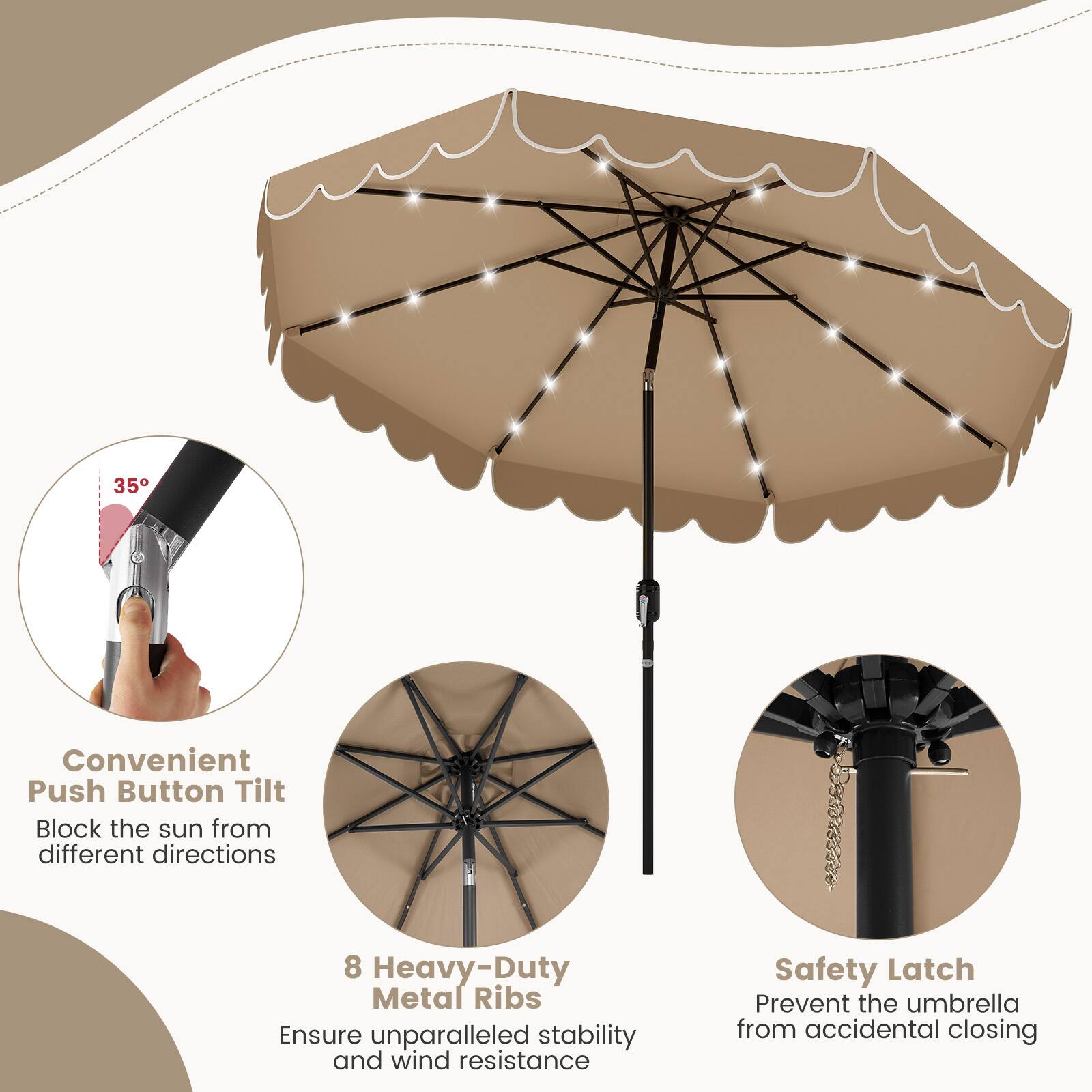 Convenient Push Button Tilt Block the sun from different directions, 8 Heavy-Duty Metal Ribs Ensure unparalleled stability and wind resistance, Safety Latch Prevent the umbrella from accidental closing