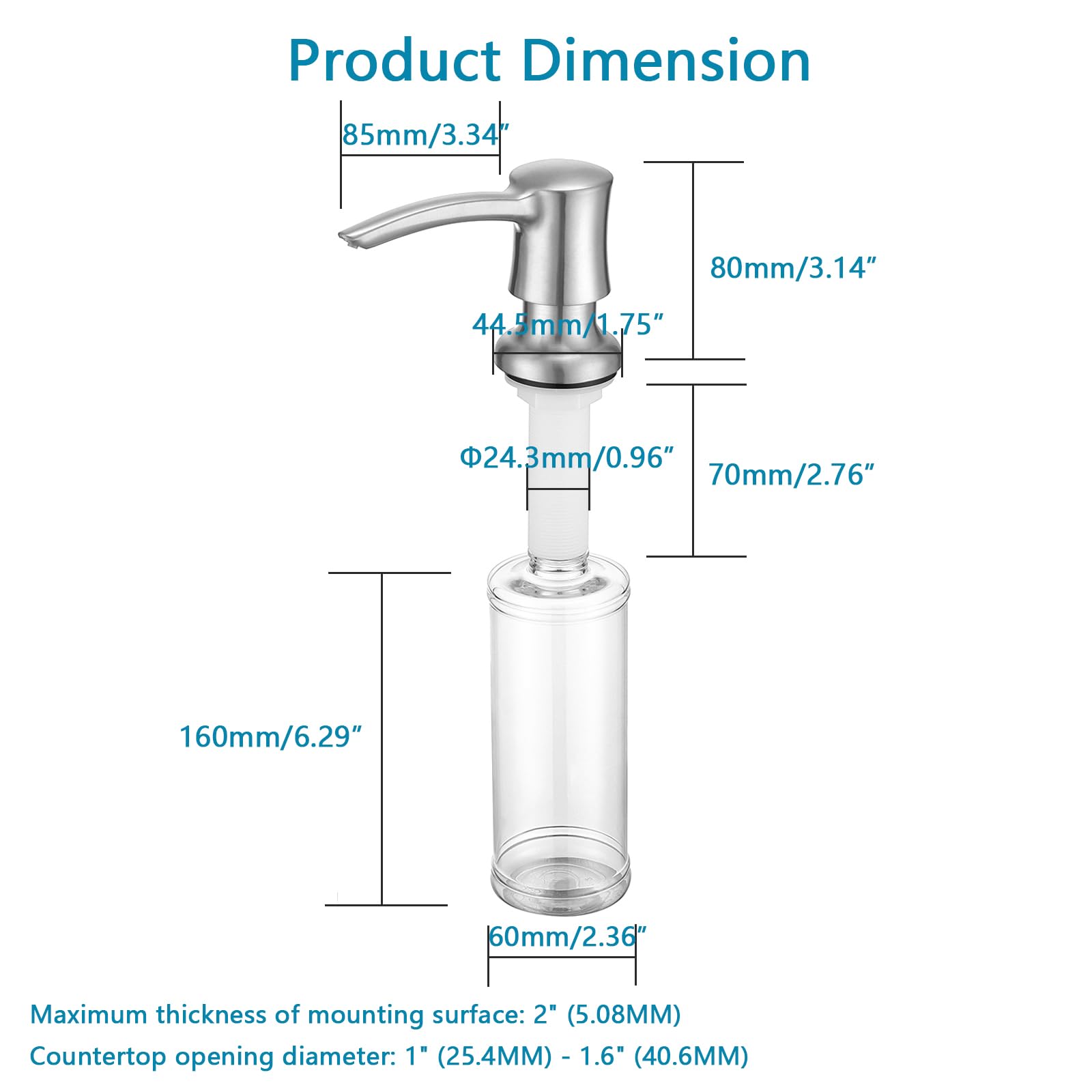 Product Dimension

- 85mm/3.34"
- 80mm/3.14"
- 44.5mm/1.75"
- 24.3mm/0.96"
- 70mm/2.76"
- 160mm/6.29"
- 60mm/2.36"

Maximum thickness of mounting surface: 2" (5.08MM)

Countertop opening diameter: 1" (25.4MM) - 1.6" (40.6MM)