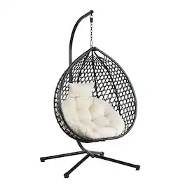 Mondawe - Outdoor Swing chairs with Soft Removable Cushion and Rattan Weaving - Black+Beige