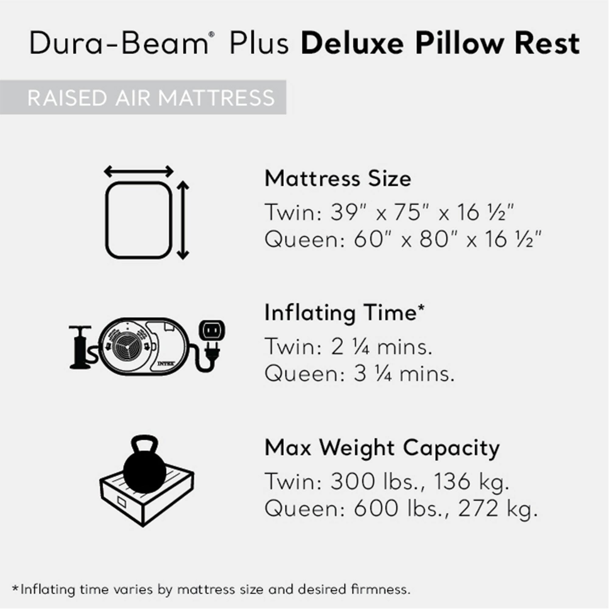 Dura-Beam® Plus Deluxe Pillow Rest  
RAISED AIR MATTRESS  

**Mattress Size**  
Twin: 39" x 75" x 16 1/2"  
Queen: 60" x 80" x 16 1/2"  

**Inflating Time***  
Twin: 2 1/4 mins.  
Queen: 3 1/4 mins.  

**Max Weight Capacity**  
Twin: 300 lbs., 136 kg.  
Queen: 600 lbs., 272 kg.  

*Inflating time varies by mattress size and desired firmness.