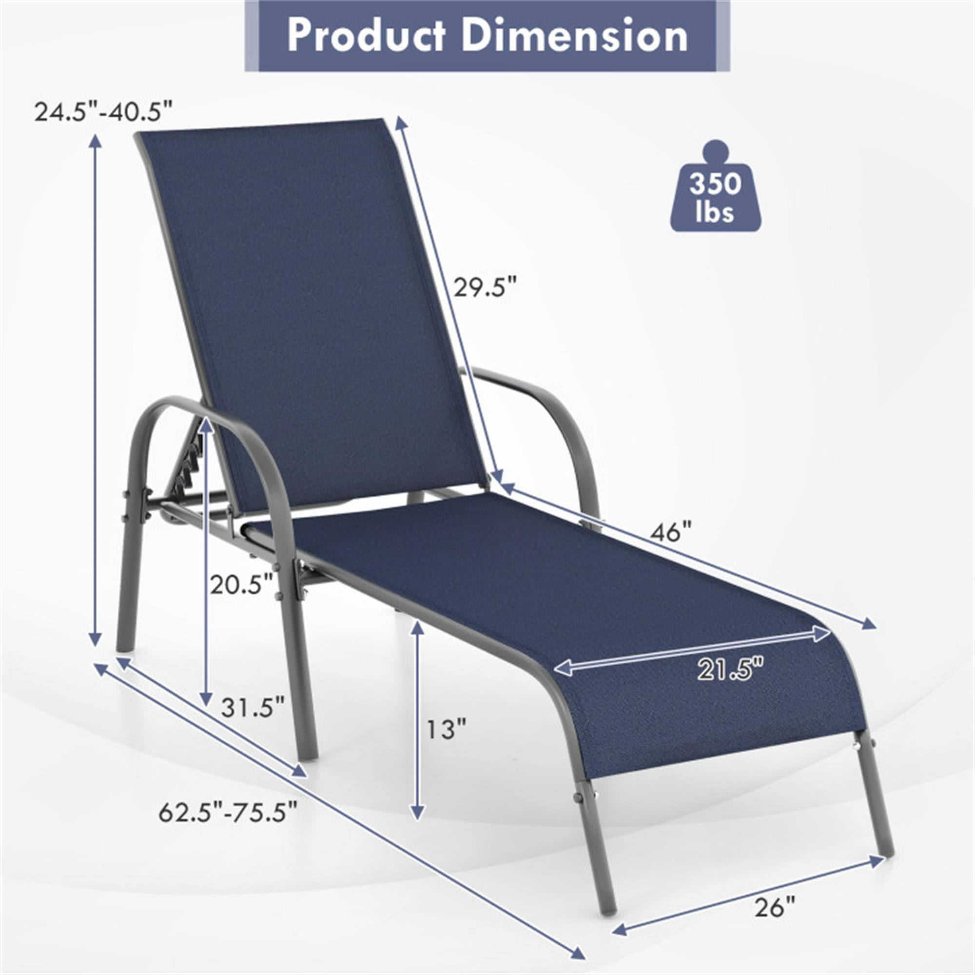 Product Dimension  
24.5" - 40.5"  
350 lbs  
29.5"  
46"  
20.5"  
31.5"  
13"  
21.5"  
62.5" - 75.5"  
26"