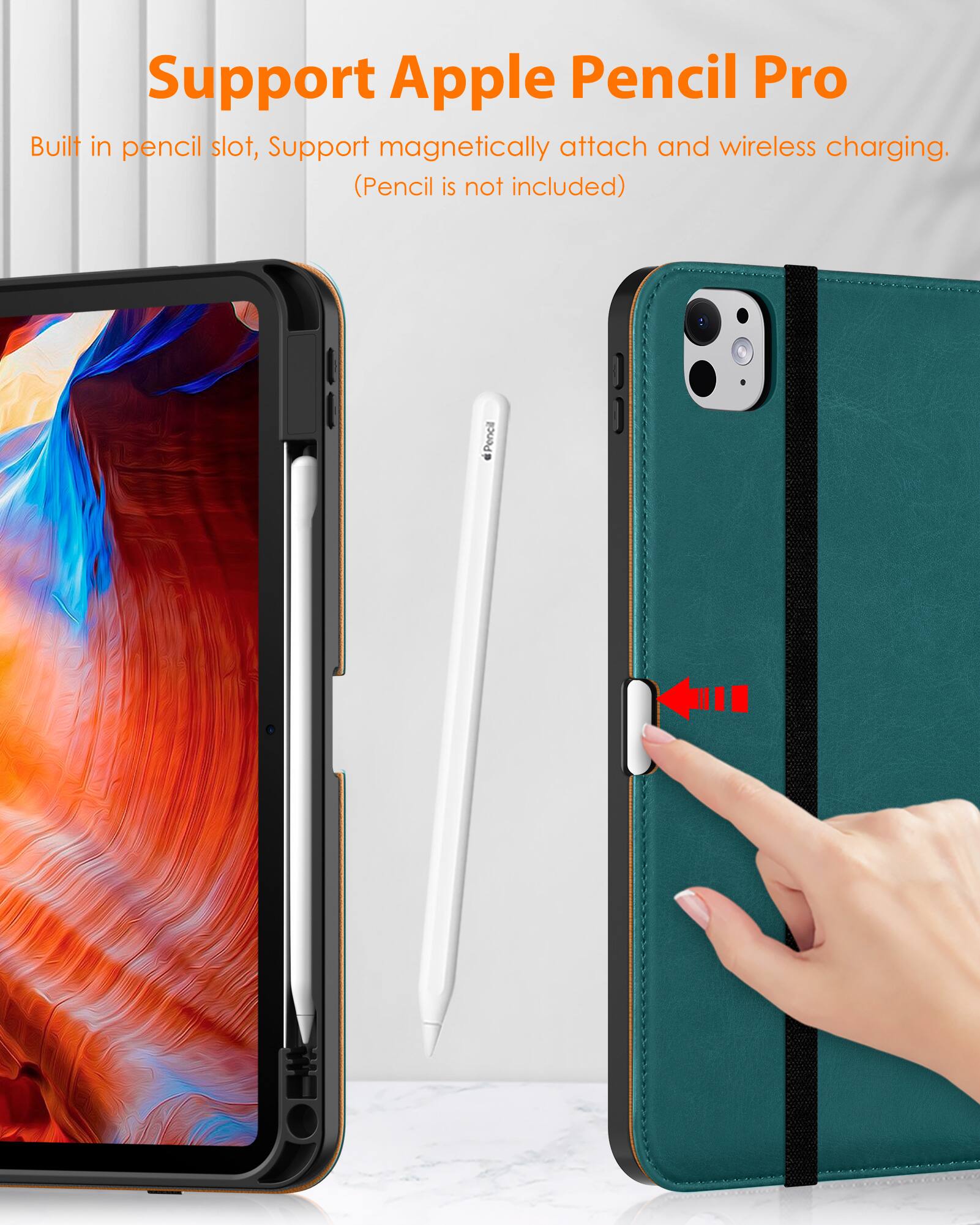 Support Apple Pencil Pro

Built in pencil slot, Support magnetically attach and wireless charging. (Pencil is not included)