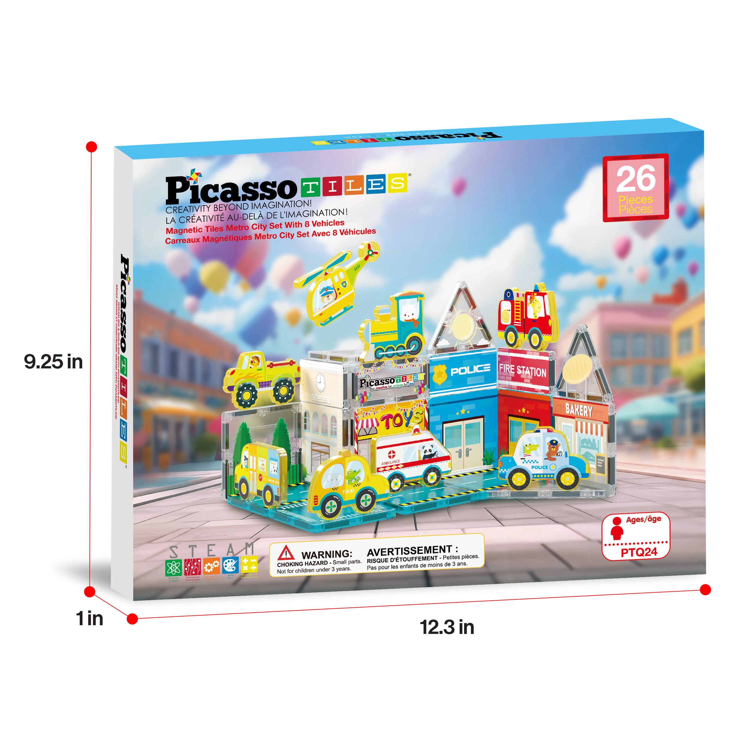 Picasso Tiles  
Creativity Beyond Imagination!  
La Créativité Au-Dela De L'Imagination!  

Magnetic Tiles Metro City Set With 8 Vehicles  
Vehicles Set Avec 8 Véhicules  

26 Pieces  
26 Pièces  

Ages: 3+  
Âges: 3+  

Warning: Choking Hazard - Small parts. Not for children under 3 years.  
Avertissement: Petite pièce - Risque d'étouffement. Ne convient pas aux enfants de moins de 3 ans.  

PTQ24  

Dimensions:  
9.25 in x 12.3 in x 1 in