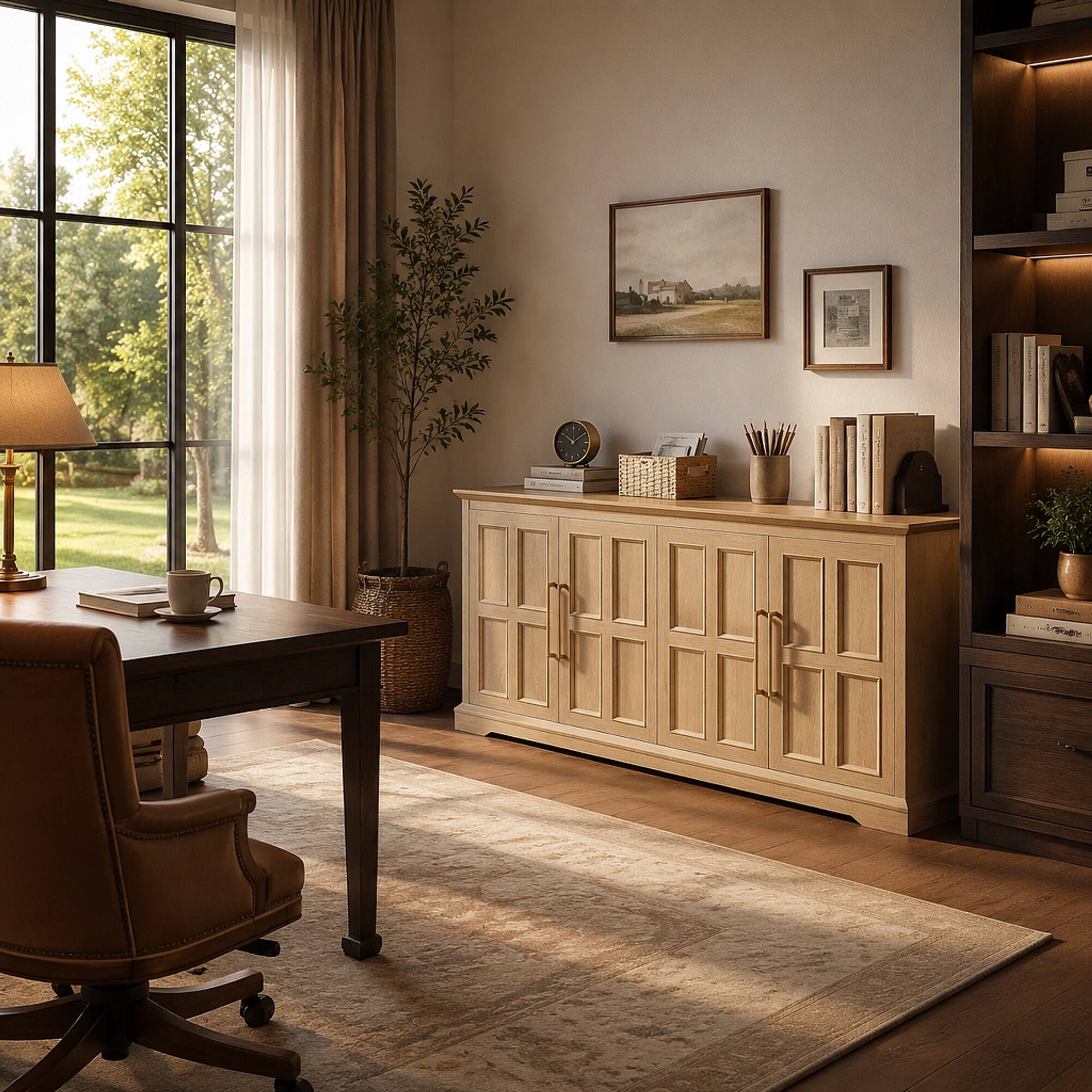 Left. RYHNUYNE - Freestanding 67 Inch Large Sideboard Buffet Cabinet with Storage, Wood Coffee Wine Bar, Oak - Natural.