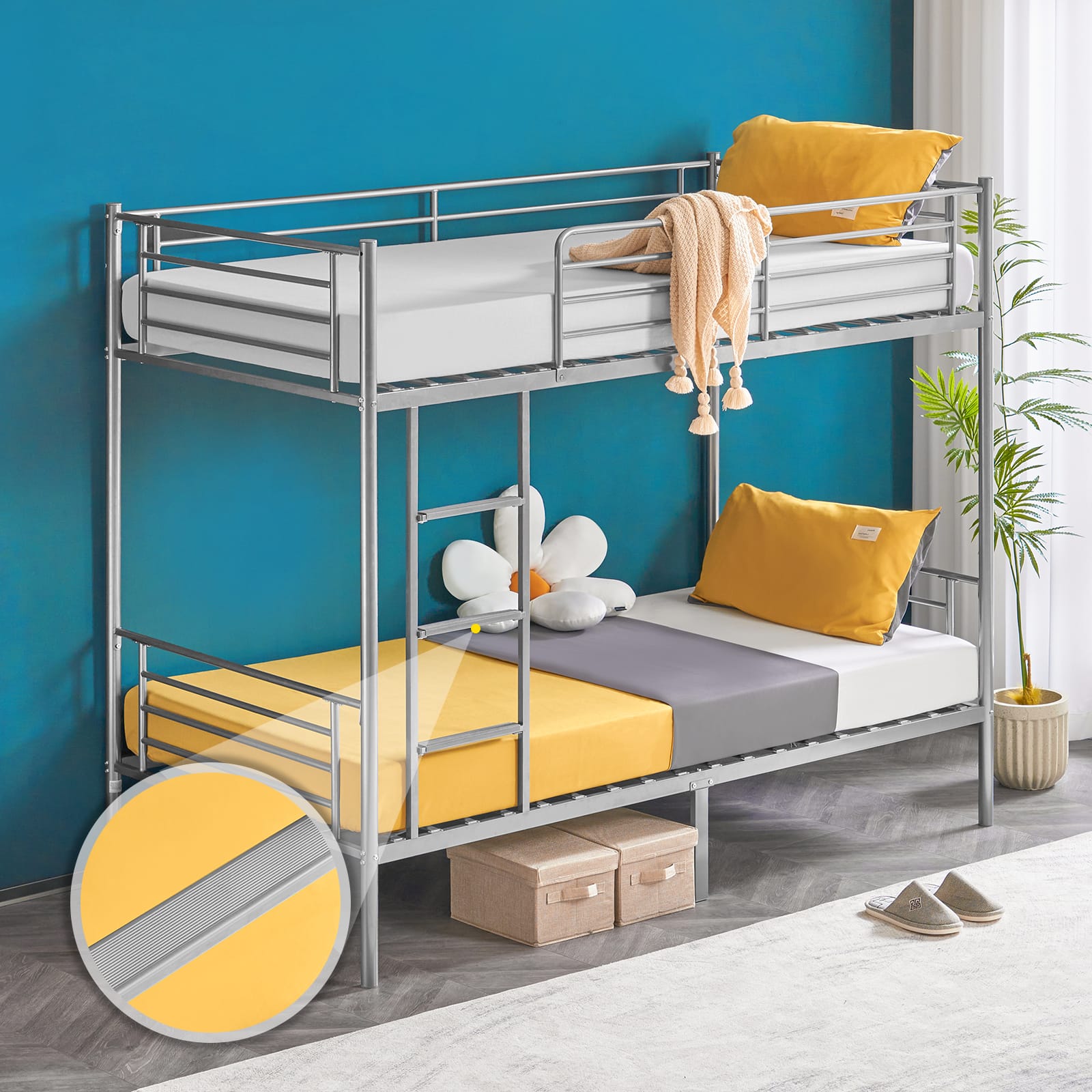 Winado - Metal Twin Bunk Bed Frame with Safety Rails Flat Ladder Full-Length Guardrail No Boxing Spring Needed for Teens Bedroom - Gray
