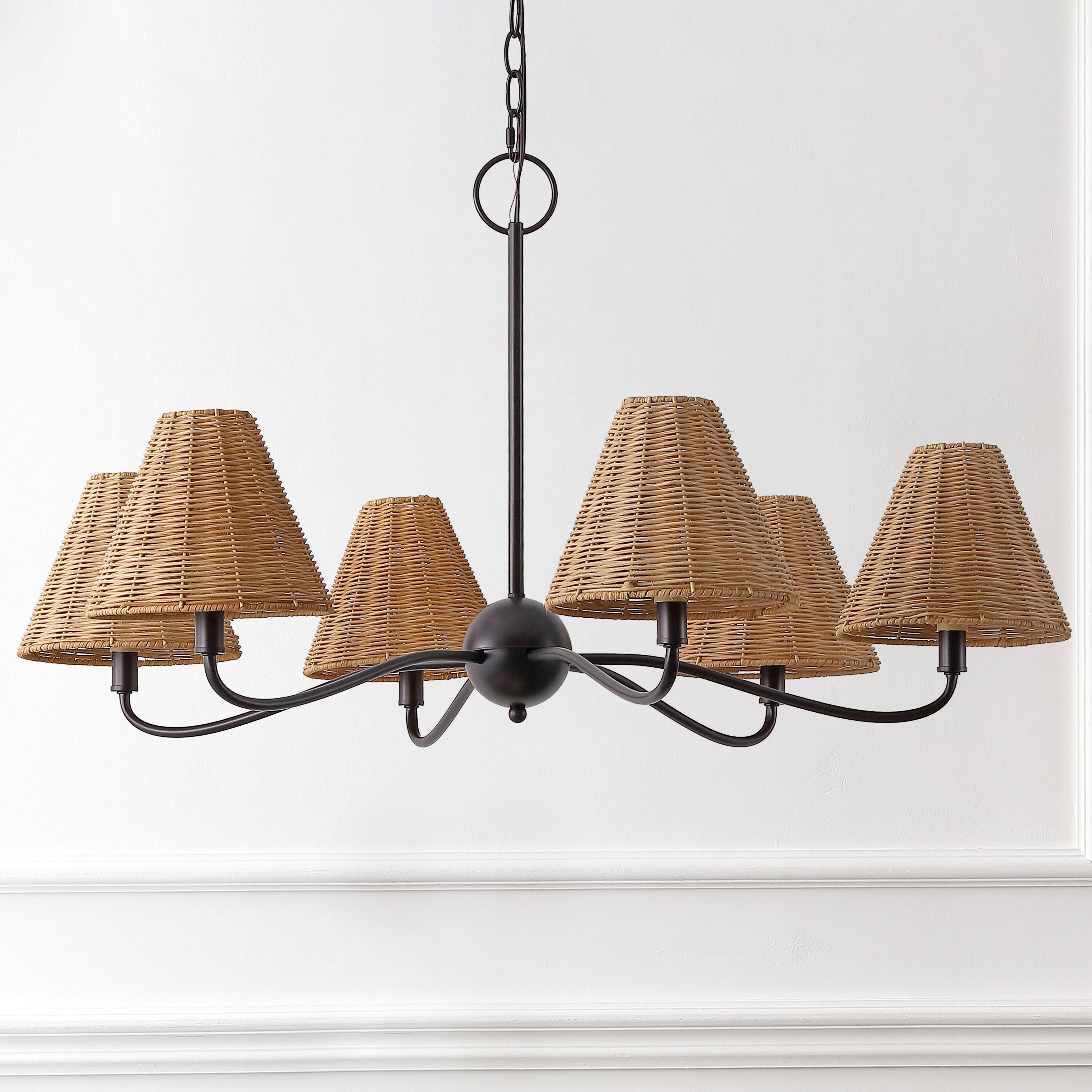 Alt View 5. Jonathan Y - Grady 35" 6-Light Adjustable Swooping Arm Metal with Hand-Woven Rattan Shades LED Chandelier, Black/Brown - Oil Rubbed Bronze.