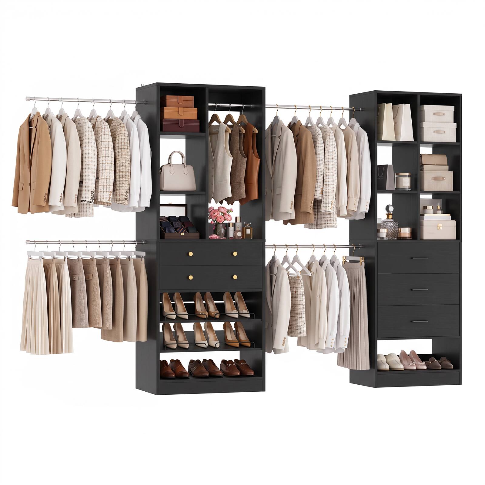 Angle. Aheaplus - 51.4"-126.2" Expandable Freestanding Closet System with 5 Drawers, 5 Hanging Rods & 16 Open Shelves - Black.