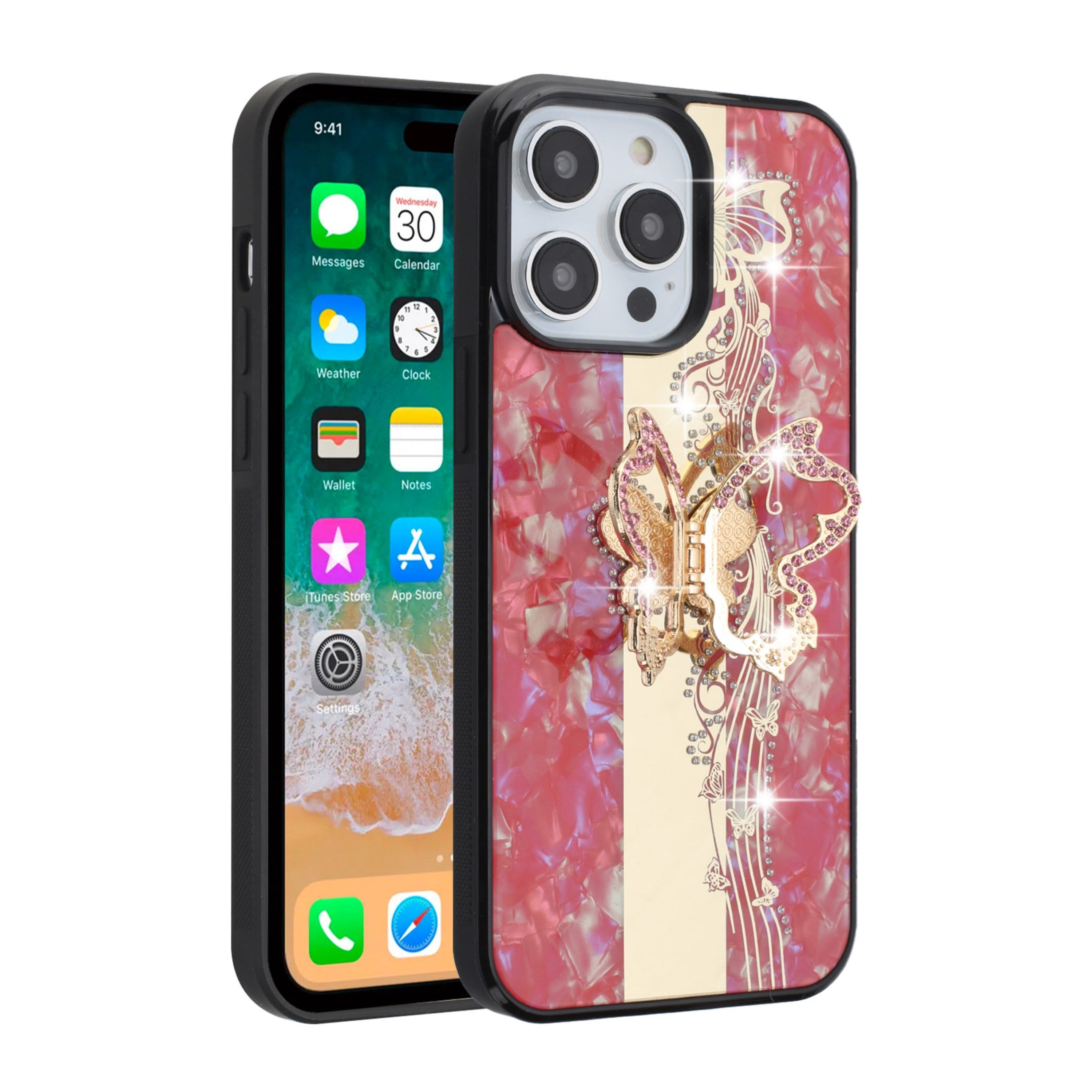 Kitcheniva - Rhinestone Glitter Butterfly Design Phone Case With 2 Pcs Tempered Glass For iPhone 15 Pro Max - Red price history on PriceWatchPro
