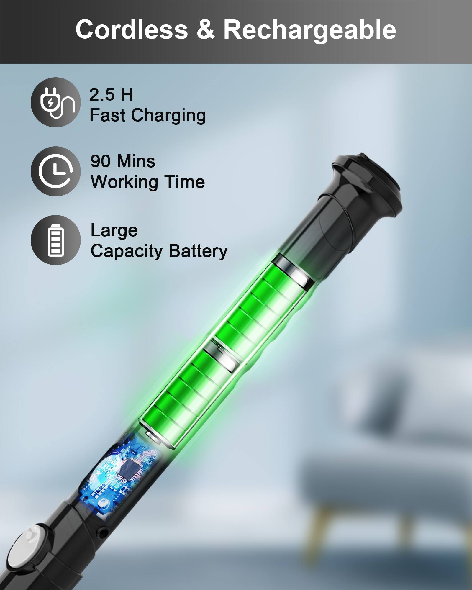 Cordless & Rechargeable

- 2.5 H Fast Charging
- 90 Mins Working Time
- Large Capacity Battery
