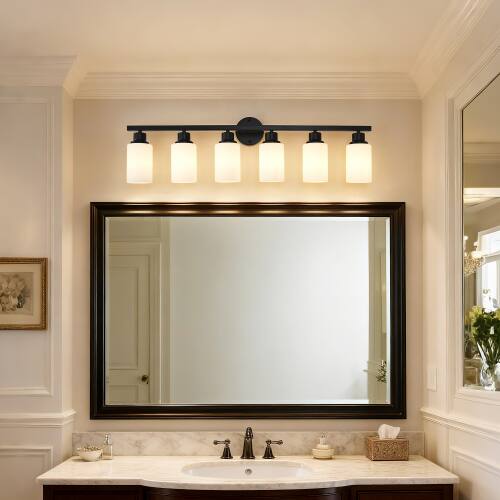 Back. LUCKY ONE - 6-Light Matte Black Wood Wall Lamp, Glass Shade Sconce for Bathroom or Bedroom Wall Mount - Matte Black,Wood.