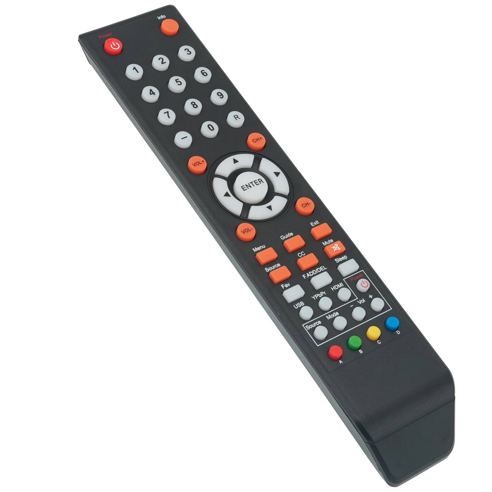 Sure, here is the corrected and grouped text from the image:

- Power
- Info
- 1 2 3 4 5 6 7 8 9 0
- CH-
- VOL-
- ENTER
- CH+
- VOL+
- Guide
- Ext
- Menu
- CC
- Sleep
- ADD/DEL
- FAV
- USB
- Source
- Mode
- YPbPr
- HDMI
- Vol
- A B C D