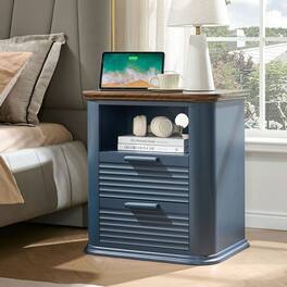 Kadyn - Resenkos 22" Fluted Nightstand with Charging Station, Modern 2-Drawer End Table with Open Storage for Bedroom - Blue