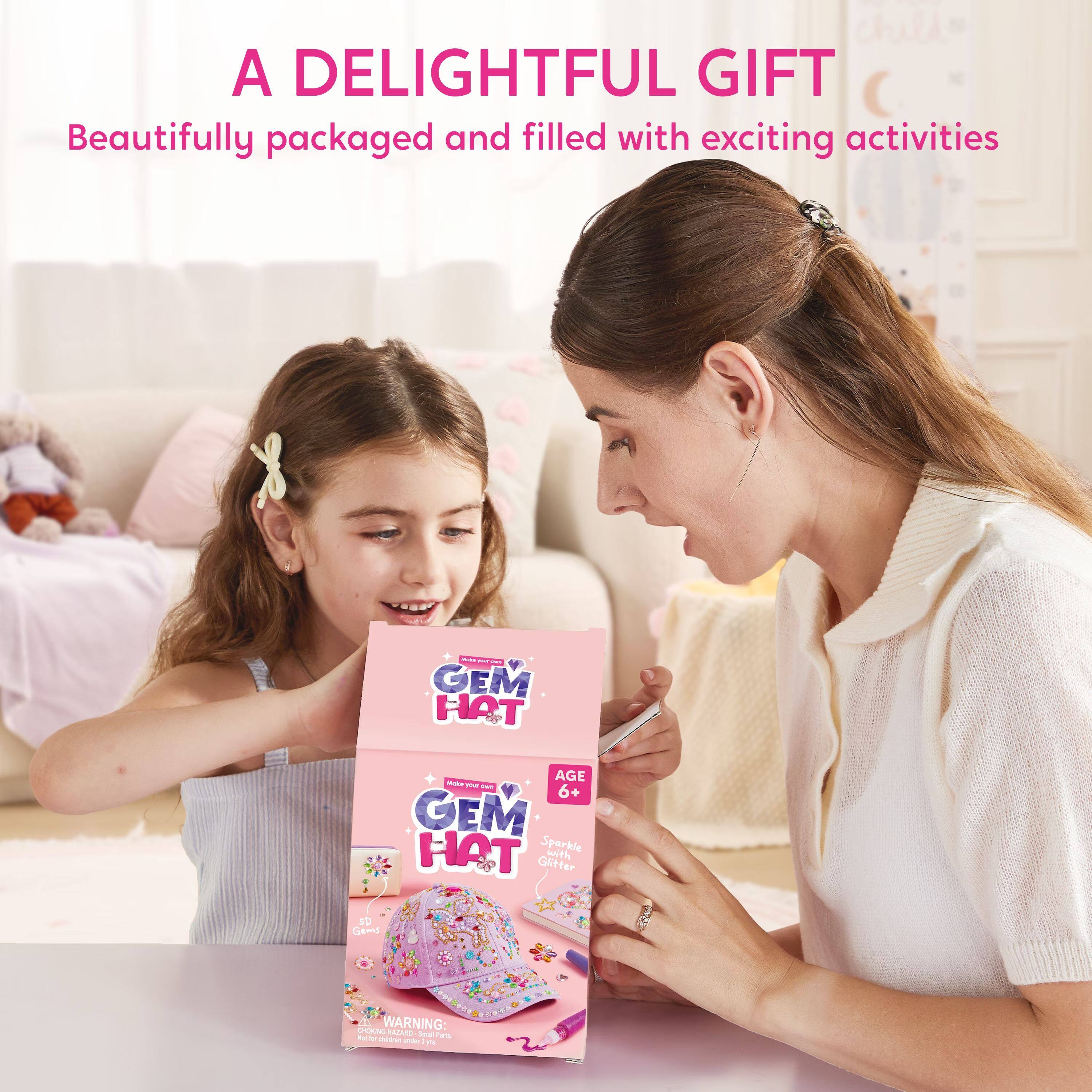 A DELIGHTFUL GIFT  
Beautifully packaged and filled with exciting activities

MILK - TWO GEM HAT  
AGE 6+  
GEM HAT Sparkle with Glitter  
5D Gems

CHOKING WARNING: Not suitable for children under 3 years.