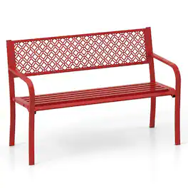 Costway - 50 Inches Outdoor Metal Garden Bench with Geometric Lattice Backrest Armrests - Red