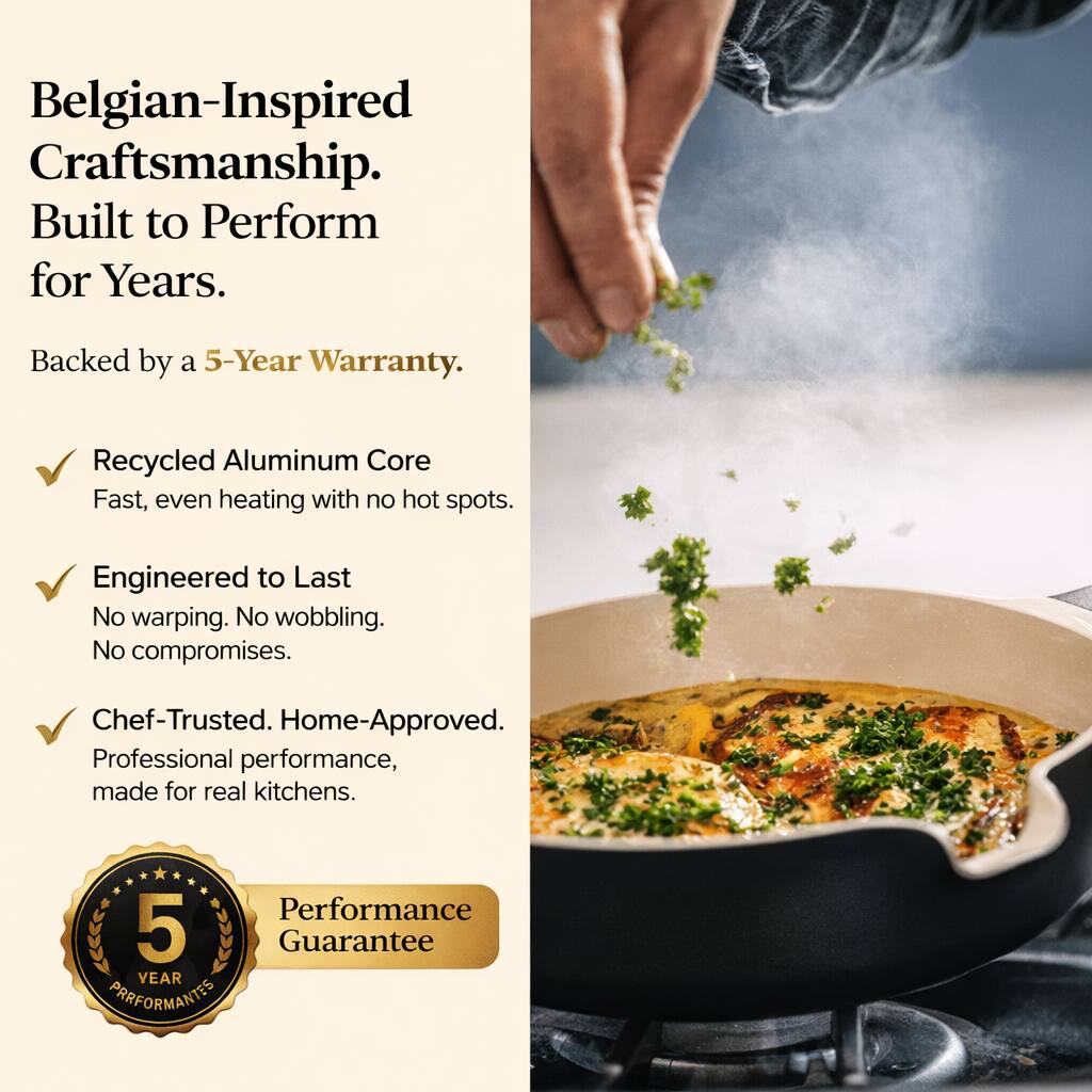 Belgian-Inspired Craftsmanship. Built to Perform for Years.  
Backed by a 5-Year Warranty.  

- Recycled Aluminum Core  
  Fast, even heating with no hot spots.  

- Engineered to Last  
  No warping. No wobbling. No compromises.  

- Chef-Trusted. Home-Approved.  
  Professional performance, made for real kitchens.  

Performance 5 Year Guarantee