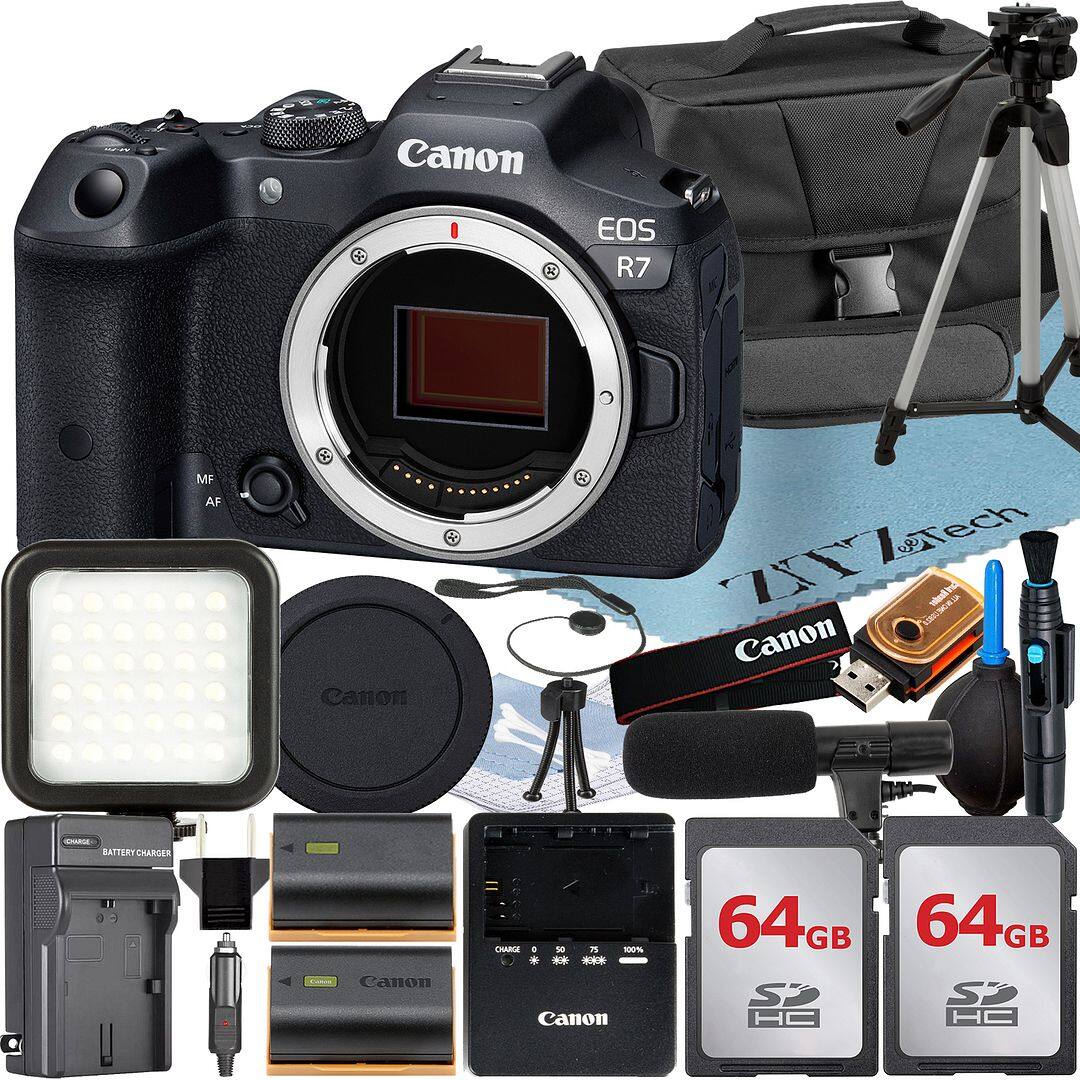 Canon EOS R7  
Canon Charger  
Canon 64GB SDHC  
Canon 64GB SDHC  
Canon Battery Charger  
Canon Lens Cap  
Canon Tripod  
Canon Flash  
Canon Microphone  
Canon USB Cable  
Canon Lens Hood  
Canon Lens Cap