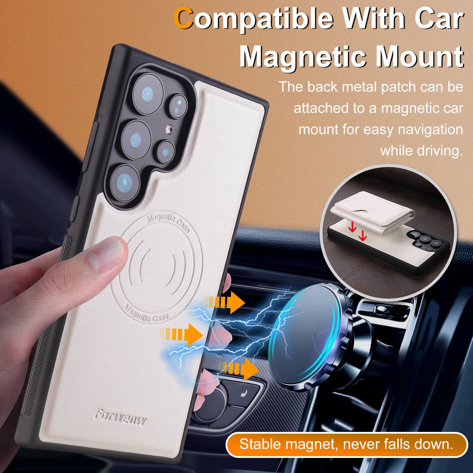 Compatible With Car Magnetic Mount

The back metal patch can be attached to a magnetic car mount for easy navigation while driving.

Stable magnet, never falls down.