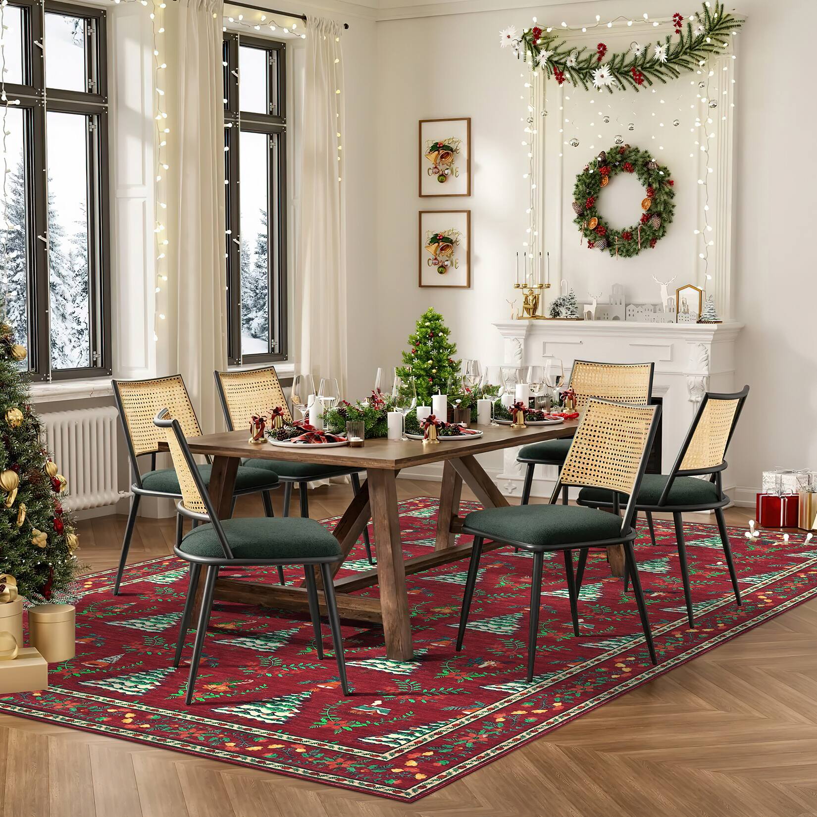 Alt View 2. Jojoka - 8x10 ft Christmas Runner Rug, Red Polyester, Christmas Tree Print, Machine Washable, Non-Slip, Indoor Hallway, Red - Red.