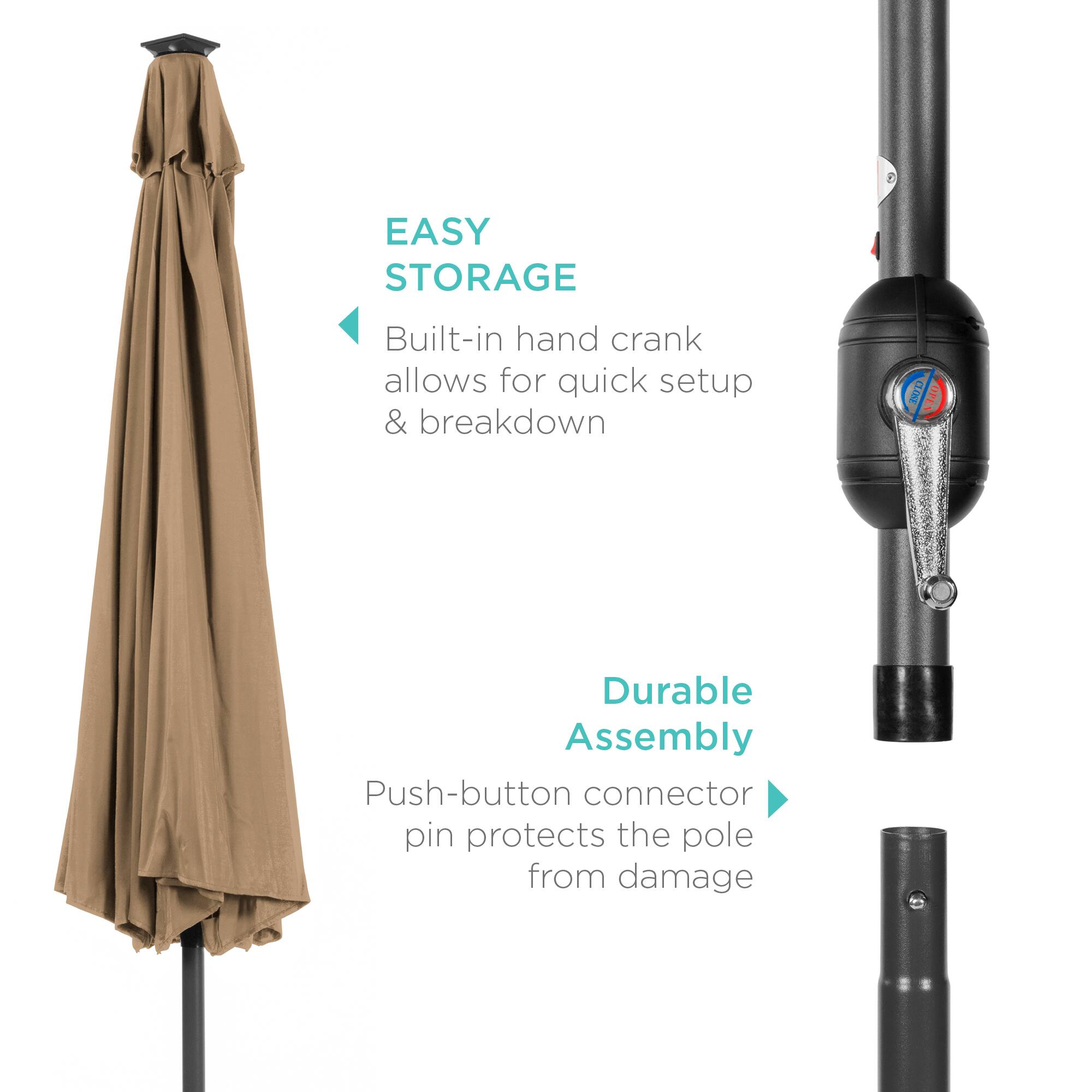 EASY STORAGE: Built-in hand crank allows for quick setup & breakdown.

Durable Assembly: Push-button connector pin protects the pole from damage.