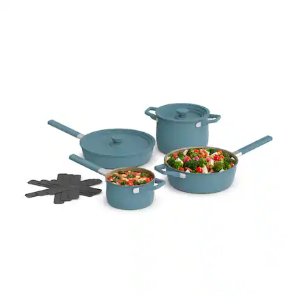 Front. Bella - Fits-anywhere Kitchenware: 9-Piece Store More Ceramic Nonstick Cookware Set - Surf.
