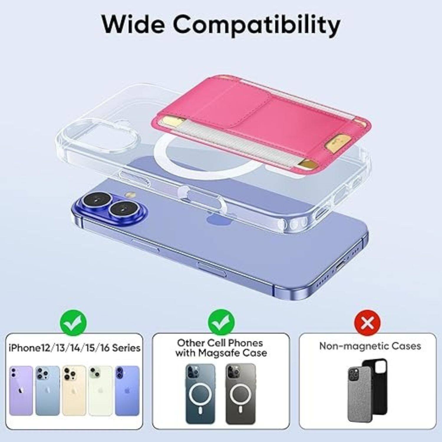 Wide Compatibility

- iPhone 12/13/14/15/16 Series
- Other Cell Phones with Magsafe Case
- Non-magnetic Cases