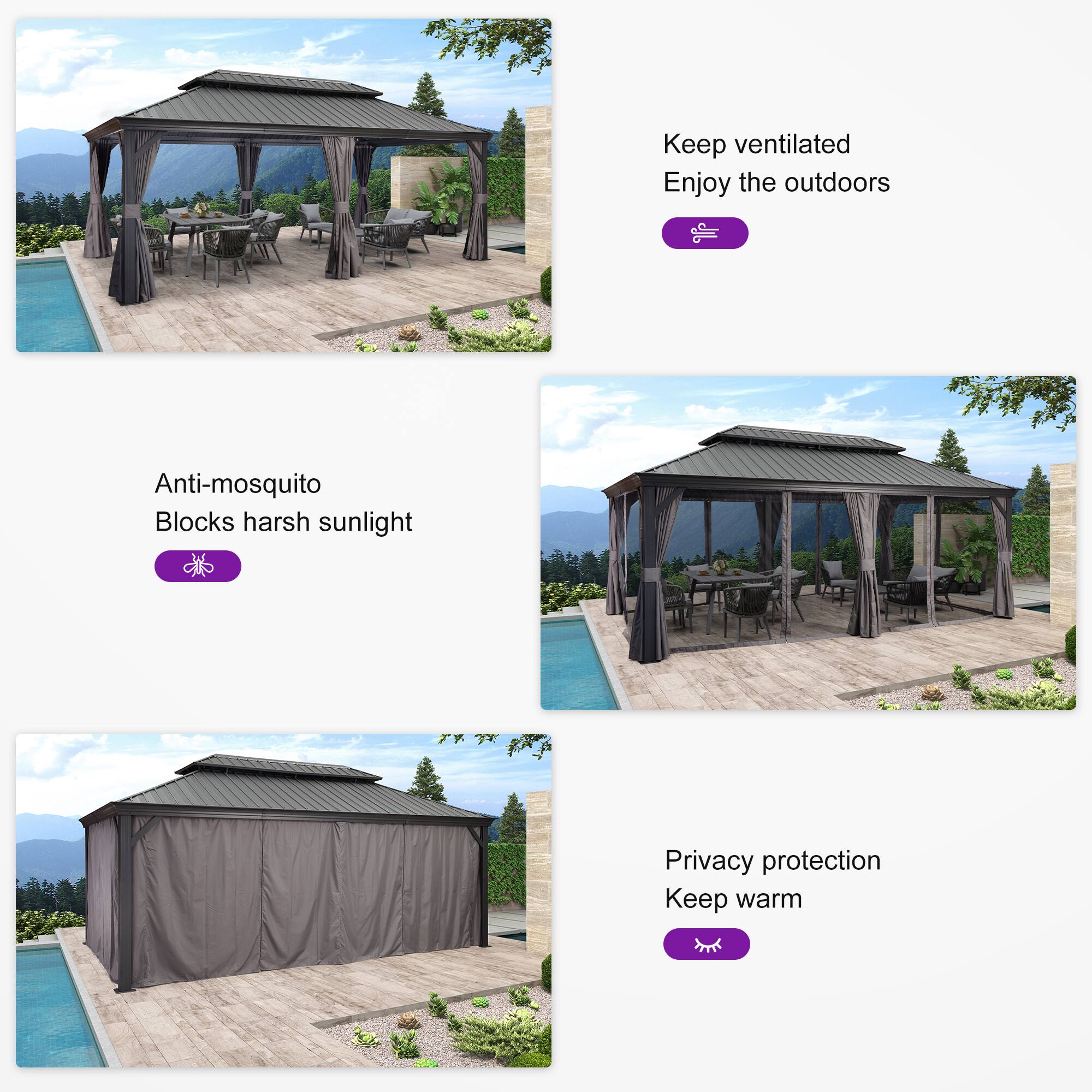 - Keep ventilated
- Enjoy the outdoors

- Anti-mosquito
- Blocks harsh sunlight

- Privacy protection
- Keep warm