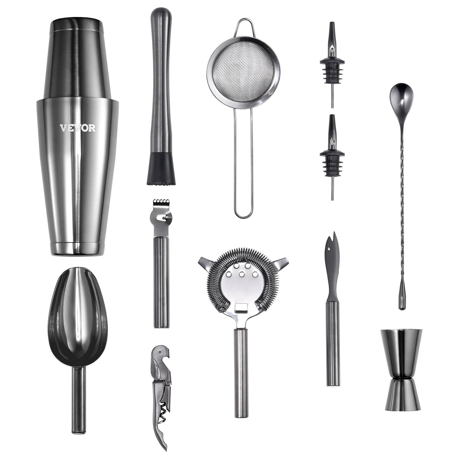 Alt View 5. VEVOR - Cocktail Shaker Set, 13-Piece Stainless Steel Bar Tools with Bamboo Stand, Boston Bartender Kit | Mixer Spoon, Muddler - Gray-black.