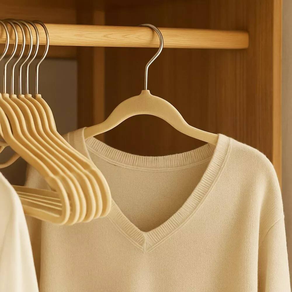 Angle. Elle Decor - 10-Pack Non-Slip Velvet Hangers, Slim Flocked Hangers for Shirts & Coats, Space-Saving Elegant Closet Organizers - Beige - Beige.