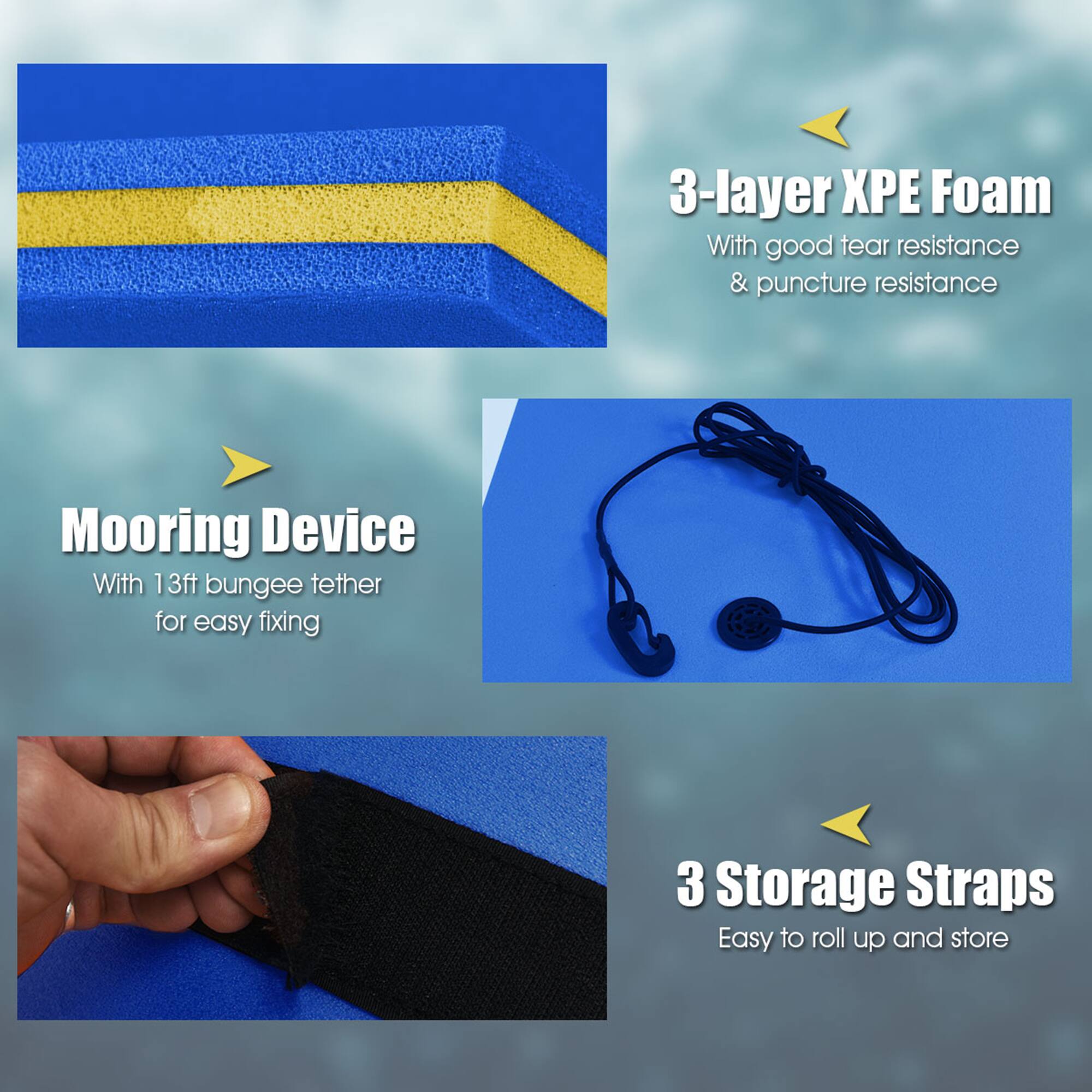 3-layer XPE Foam  
With good tear resistance & puncture resistance  

Mooring Device  
With 13ft bungee tether for easy fixing  

3 Storage Straps  
Easy to roll up and store