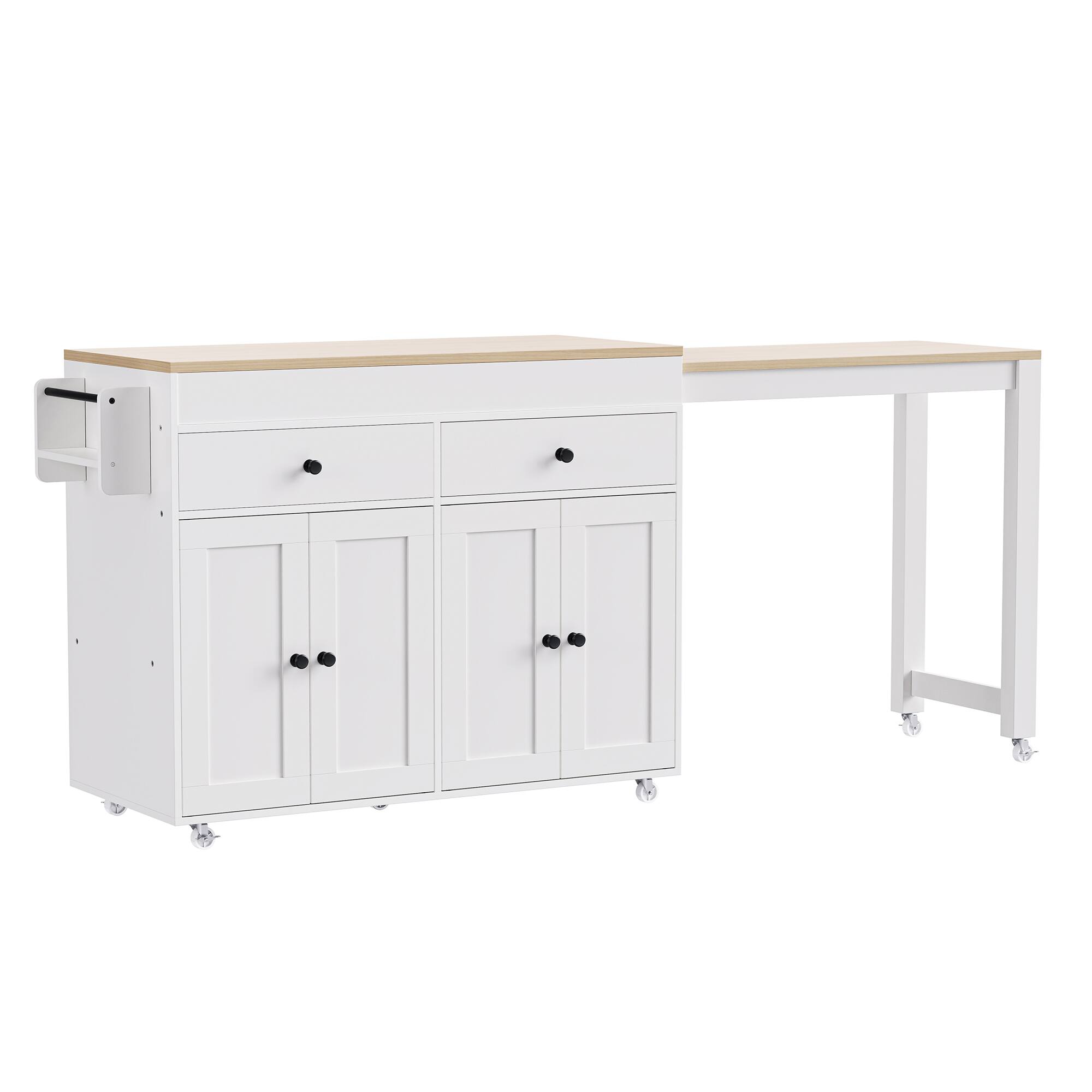 Alt View 7. Forest'nSky - Kitchen Island on Wheels, 74.5 inch with Extendable Dining Table, 4 Door Cabinet, 2 Drawers & Spice Rack, White - White.