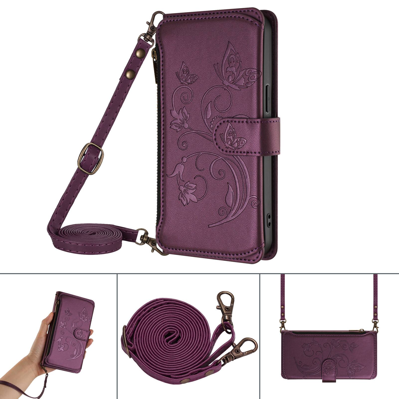 Alt View 4. Dteck - Crossbody Wallet Case for Samsung Galaxy S24 Ultra,Embossed Butterfly Flower Folio Cover with Zipper Pocket+Strap - Darkpurple.