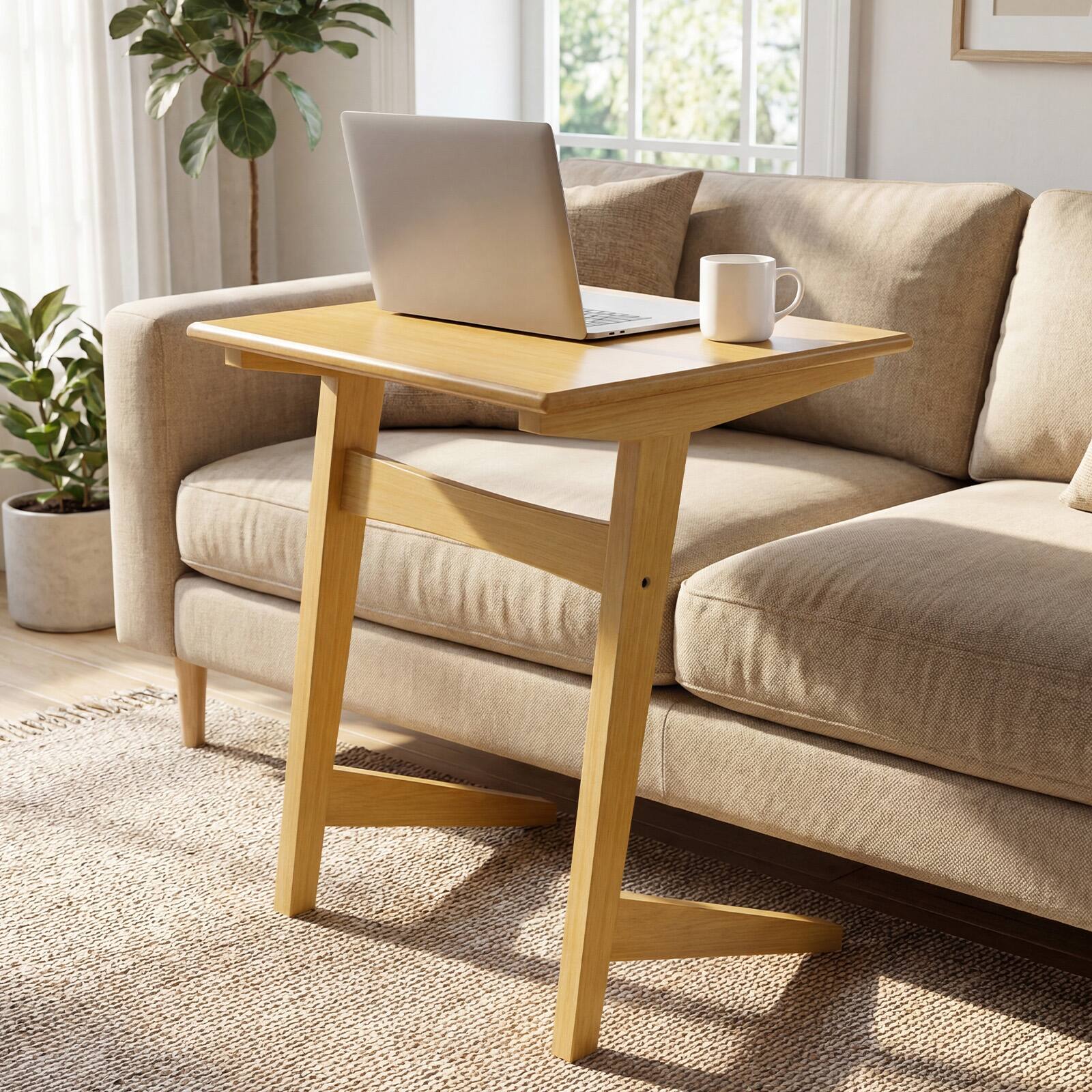 Alt View 1. Gymax - Gymax Wood Sofa Side Table w/Wood Veneered Top & Solid Rubber Wood Frame for Laptop - Natural.