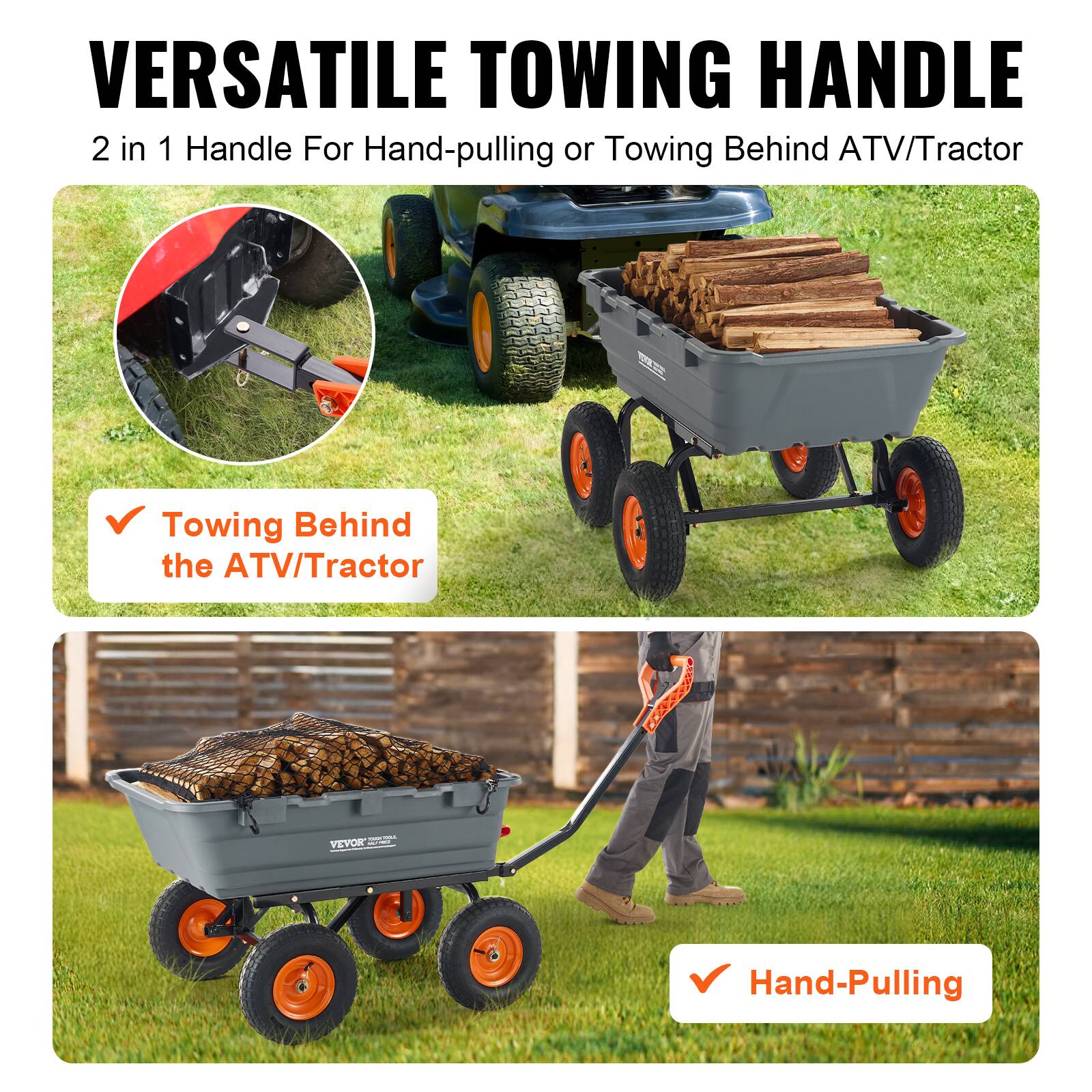 VERSATILE TOWING HANDLE
2 in 1 Handle For Hand-pulling or Towing Behind ATV/Tractor
Towing Behind the ATV/Tractor
Hand-Pulling