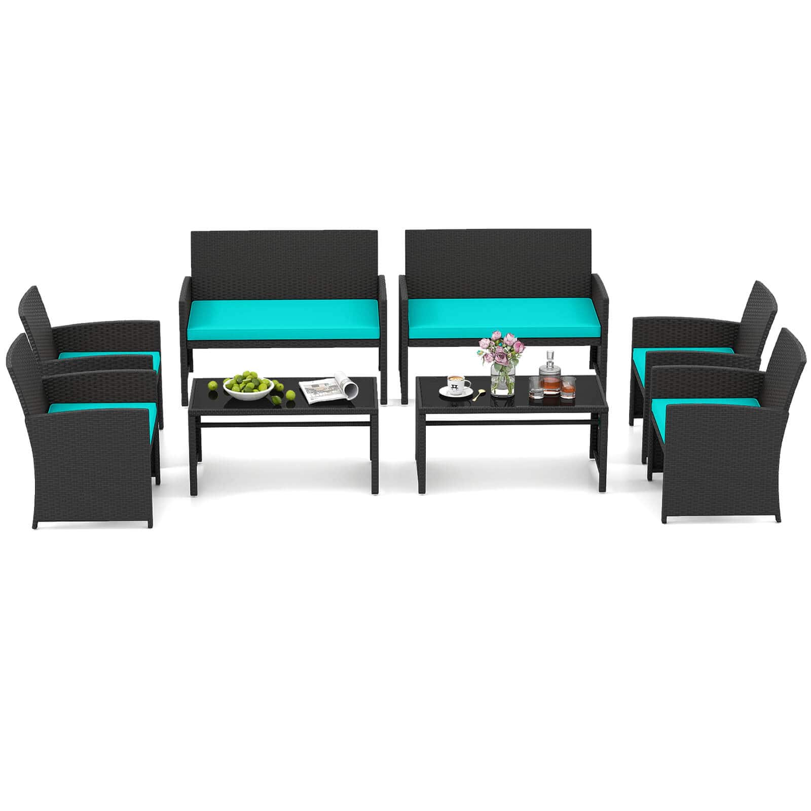 Costway - 8 PCS Patio Conversation Set with Seat Cushions & Tempered Glass Tabletop, Porch - Turquoise,Black price history on PriceWatchPro