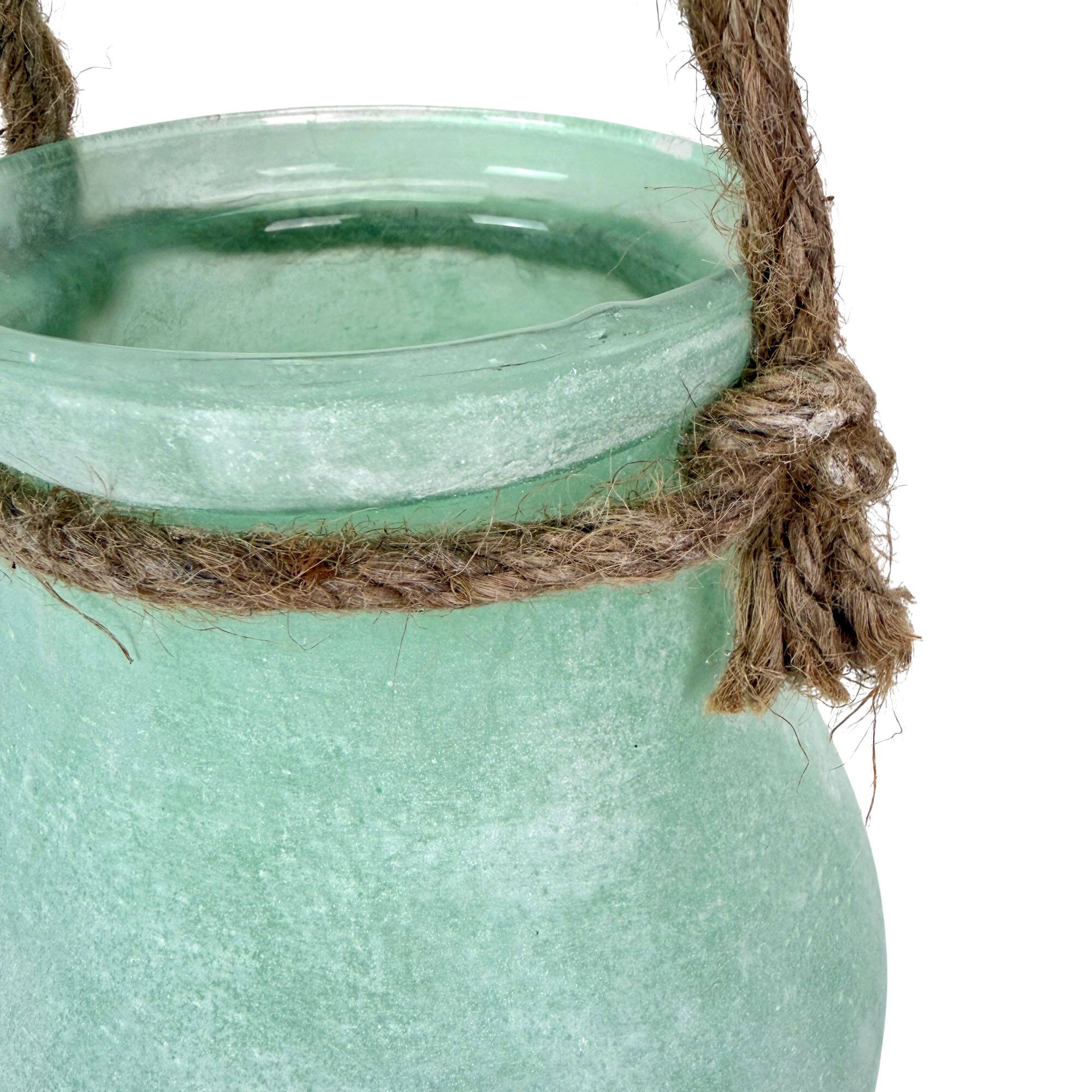 Alt View 9. India House Brass - Frosted Green Hanging Glass Lantern Vase with Rope Handle 15.75 In - Green.