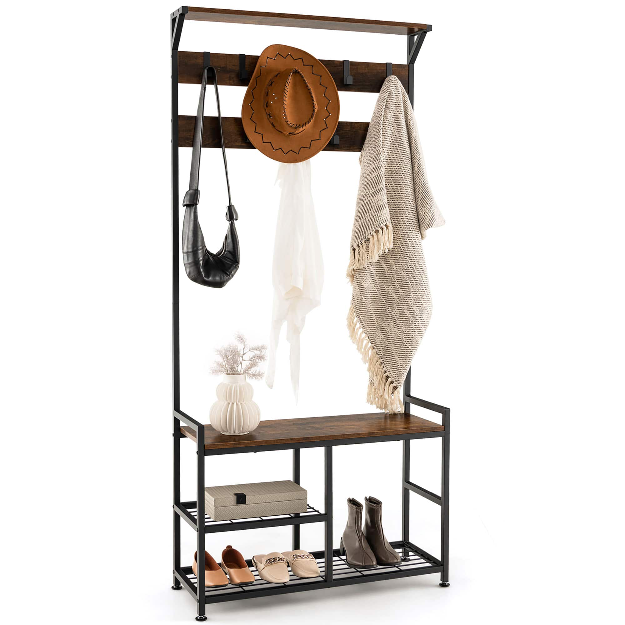 Gymax - 72'' Freestanding Hall Tree 4-in-1 Coat Rack Shoe Bench w/ Top Shelf & 9 Removable Hooks - Rustic Brown, Black