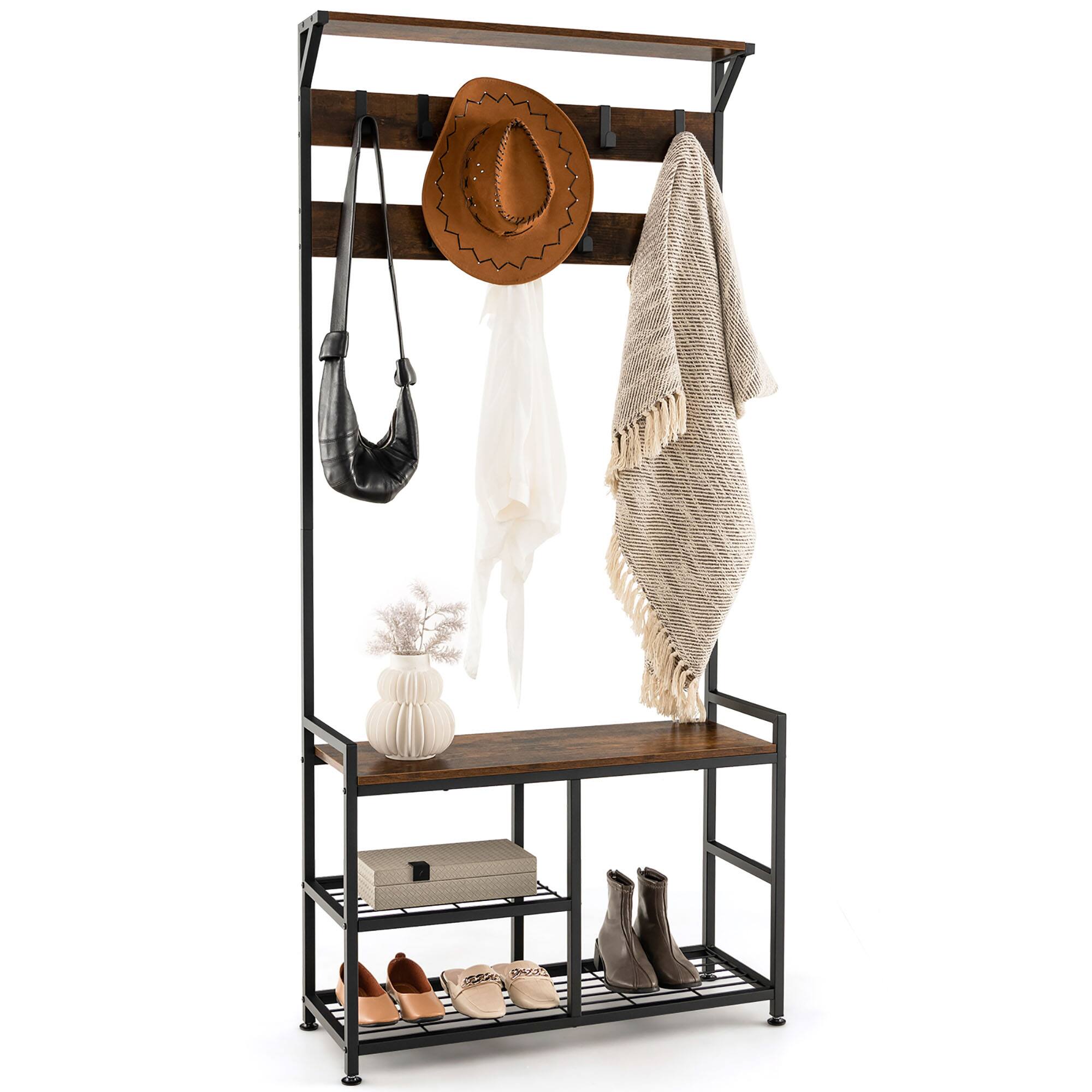 Front. Gymax - Gymax 72'' Freestanding Hall Tree 4-in-1 Coat Rack Shoe Bench w/ Top Shelf & 9 Removable Hooks - Rustic Brown, Black.