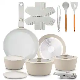 NutriChef - 18-Piece Ceramic Cookware Set with Detachable Handles, Non Stick Pots and Pans - Cream
